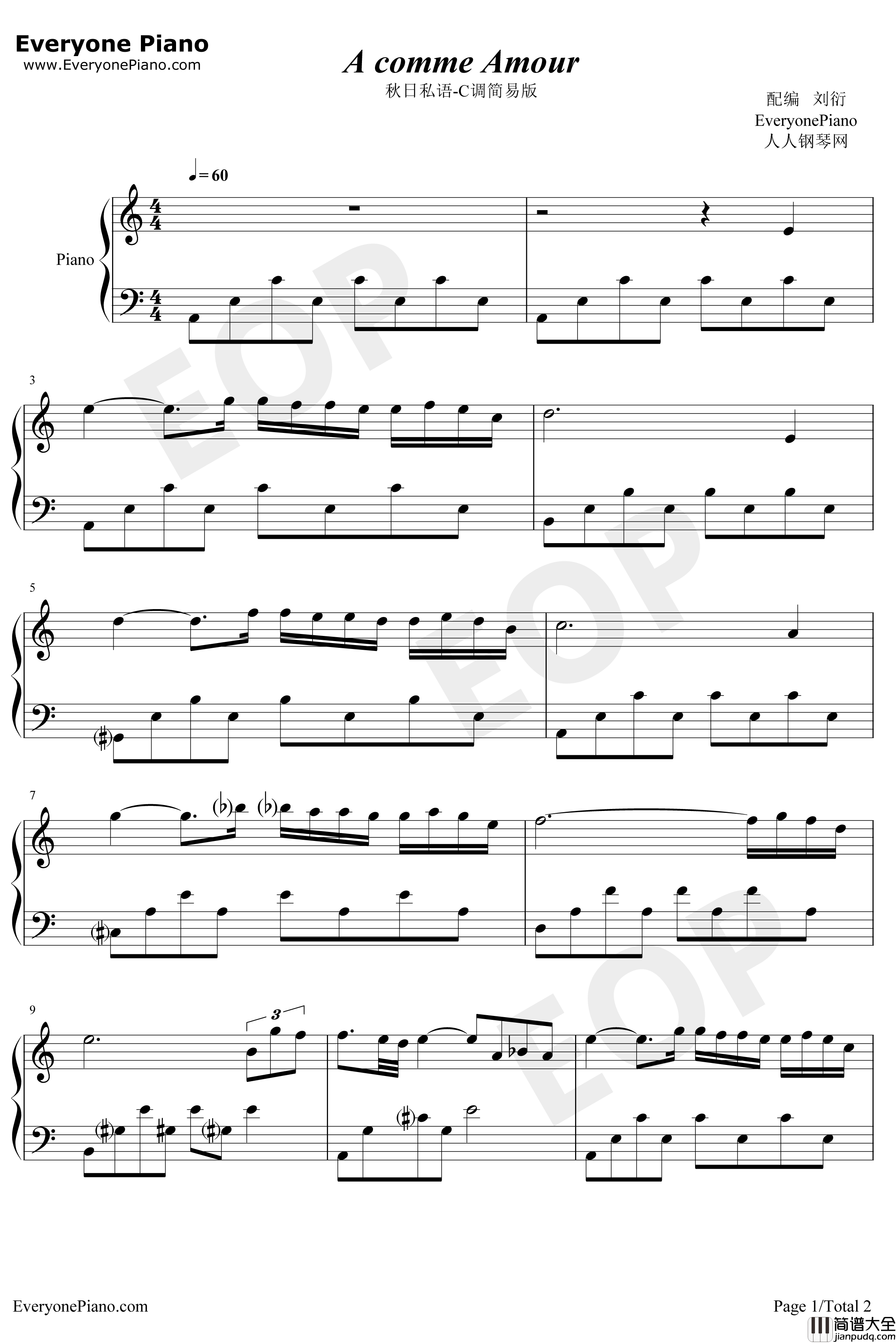 秋日私语钢琴谱_理查德·克莱德曼_C调简单版