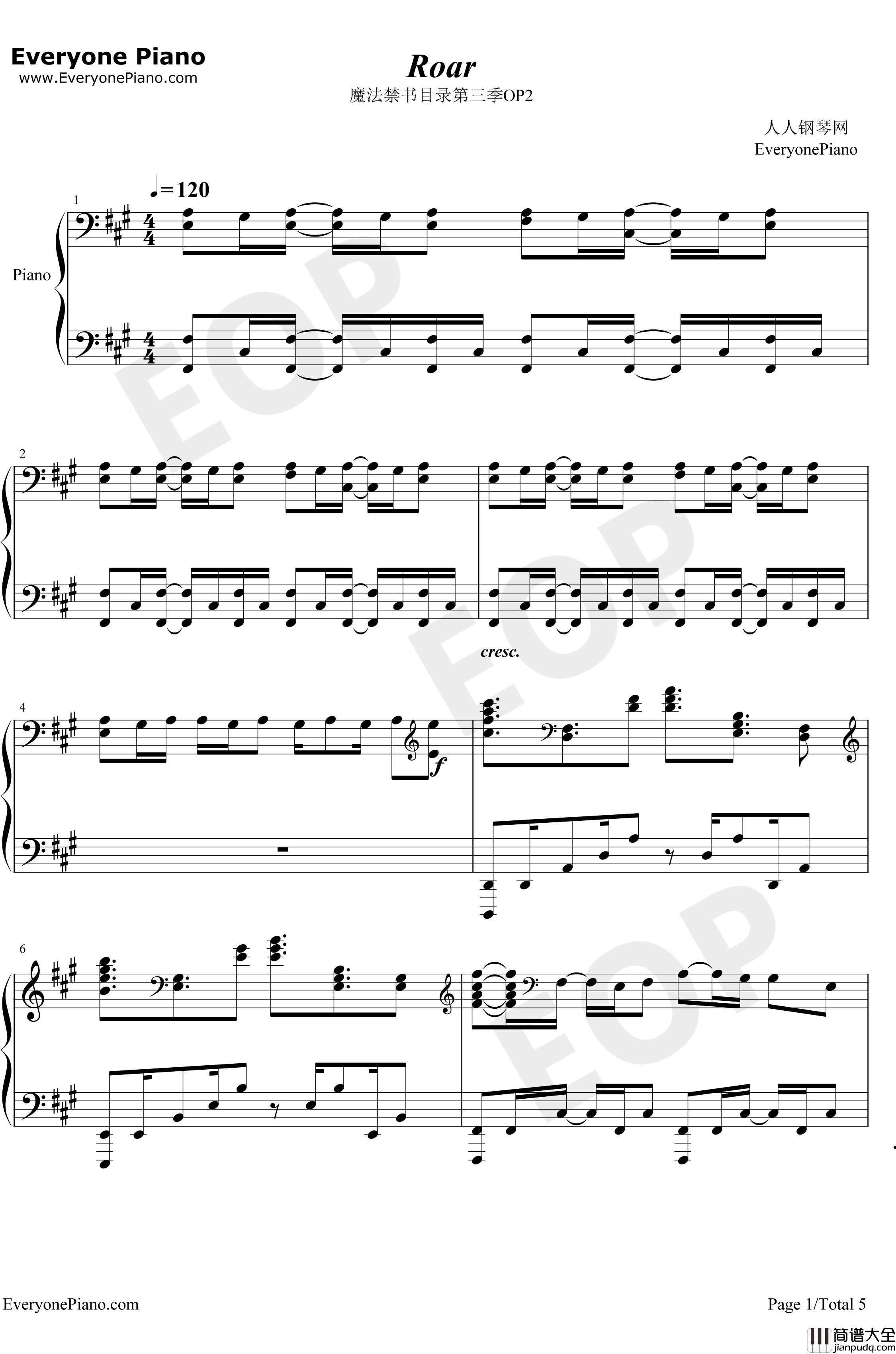 Roar钢琴谱_黑崎真音_魔法禁书目录第三季OP2