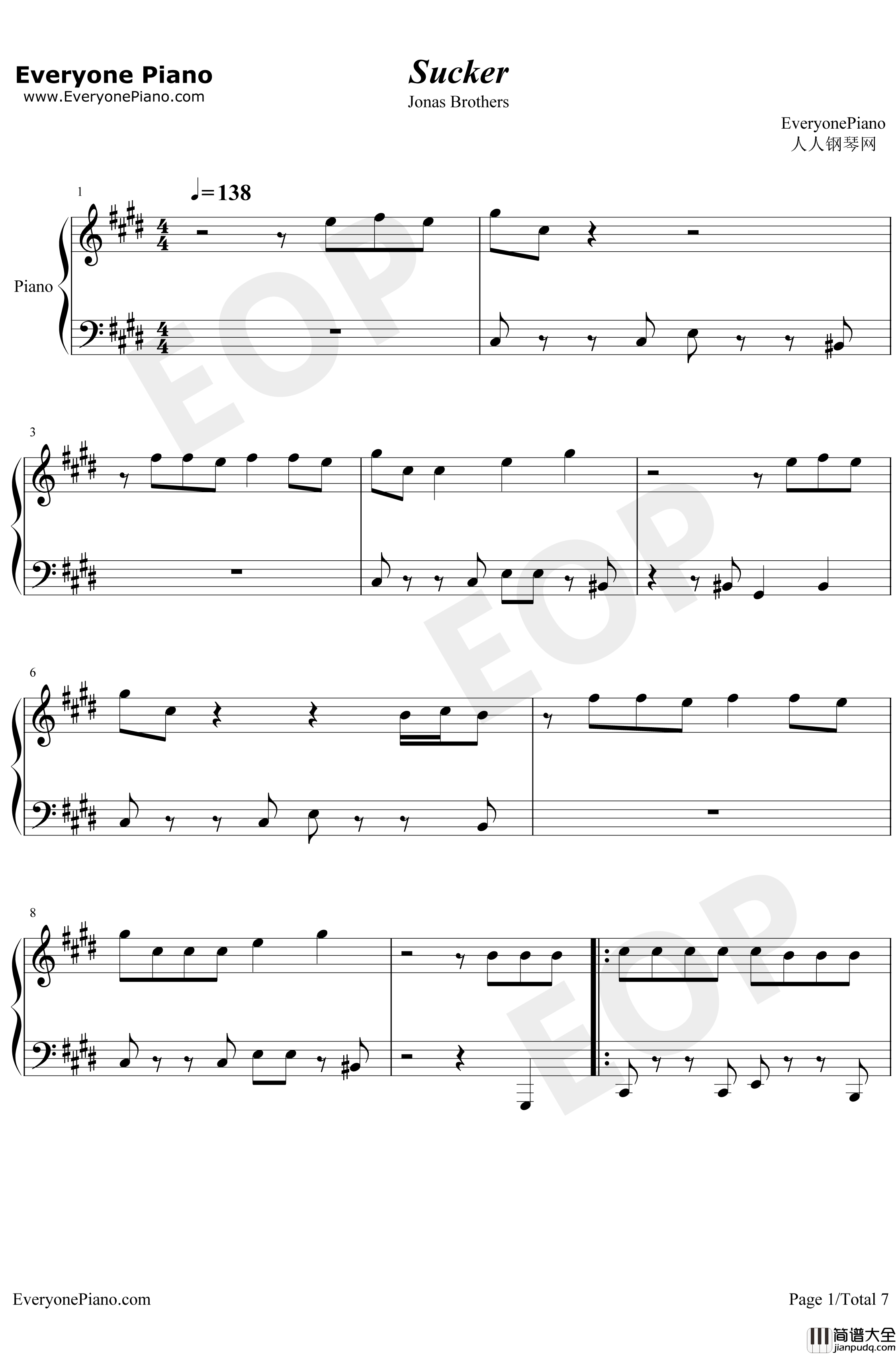 Sucker钢琴谱_JonasBrothers