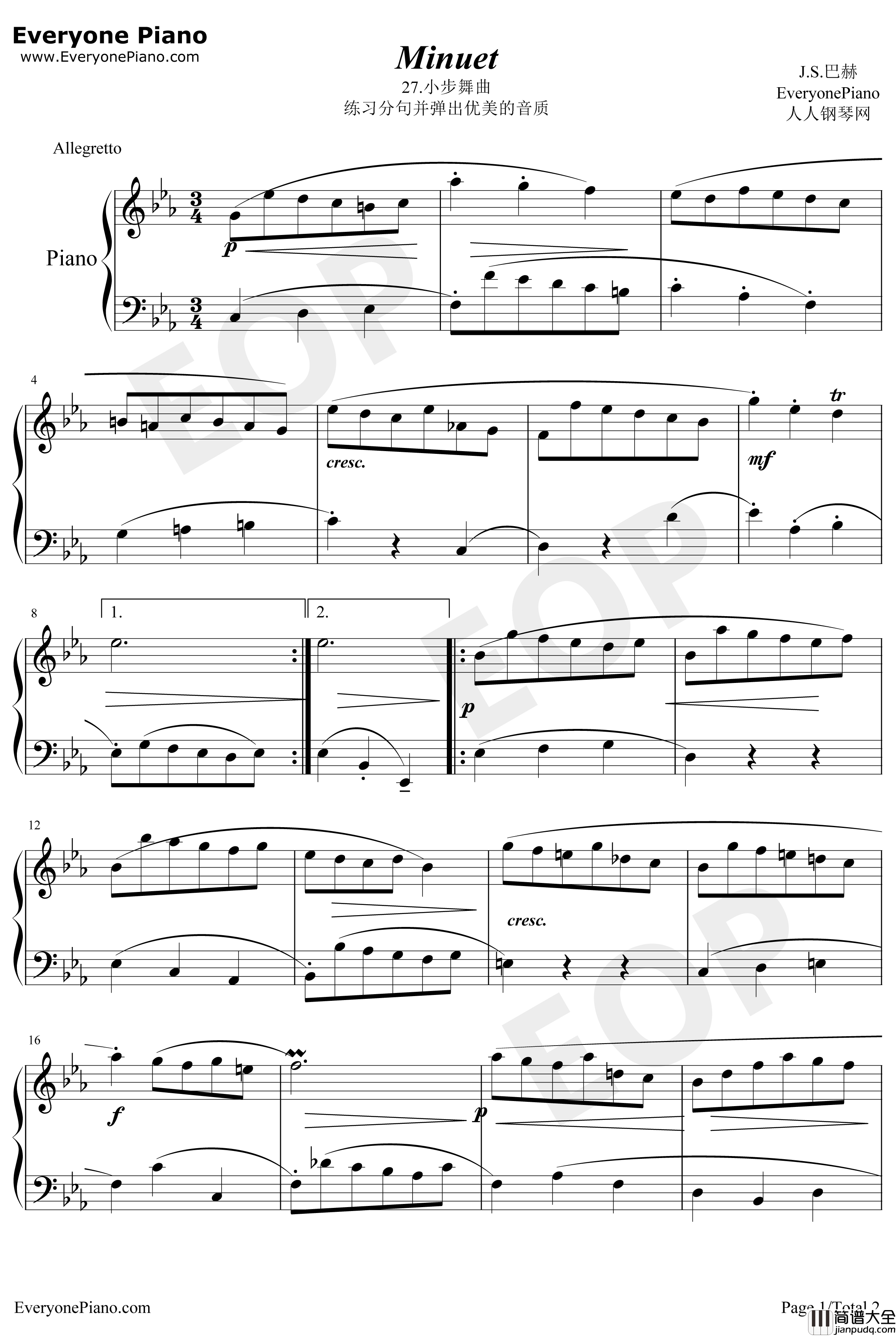 小步舞曲27钢琴谱_巴赫_巴赫初级钢琴曲集