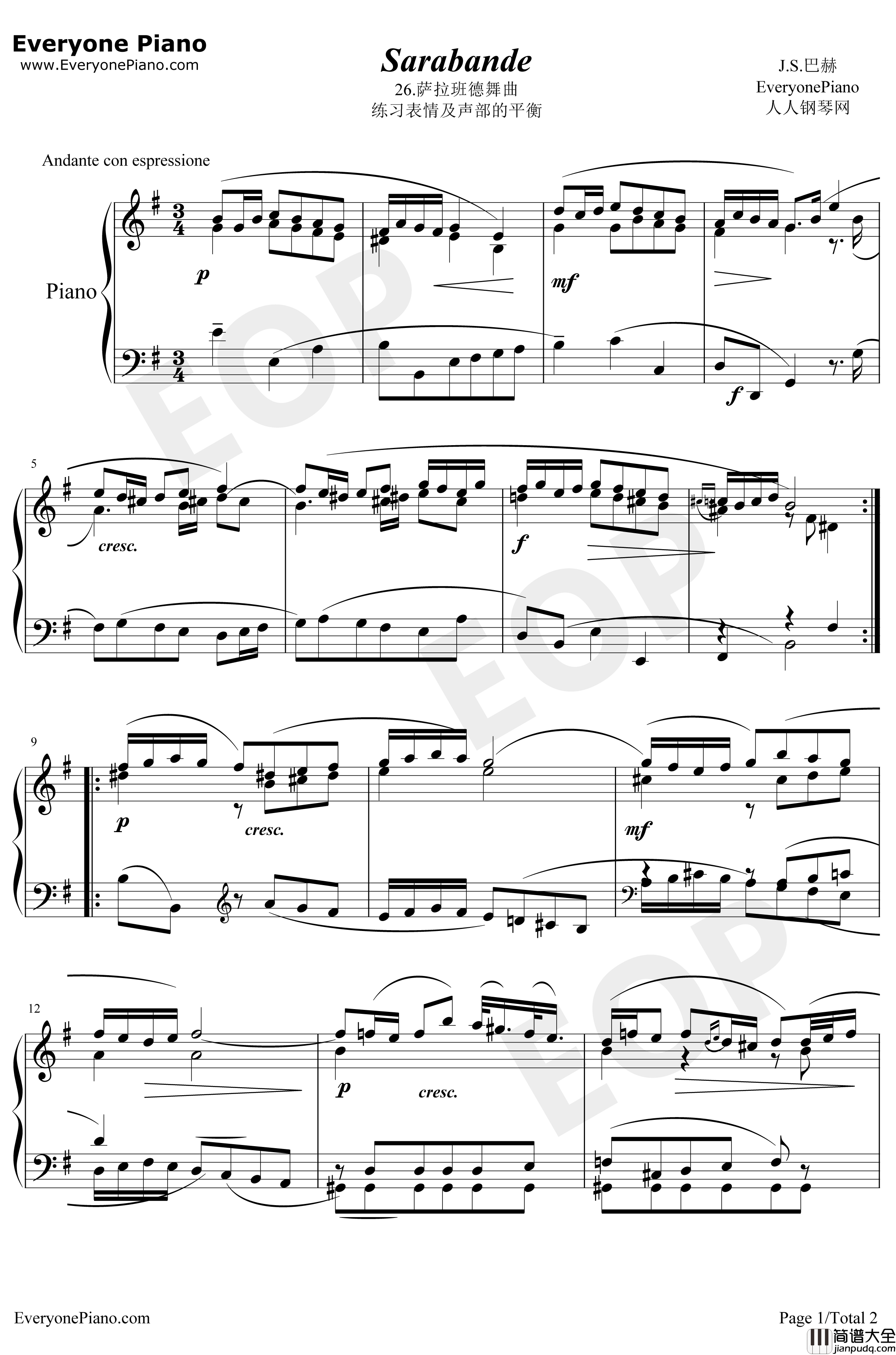 萨拉班德舞曲26钢琴谱_巴赫_巴赫初级钢琴曲集