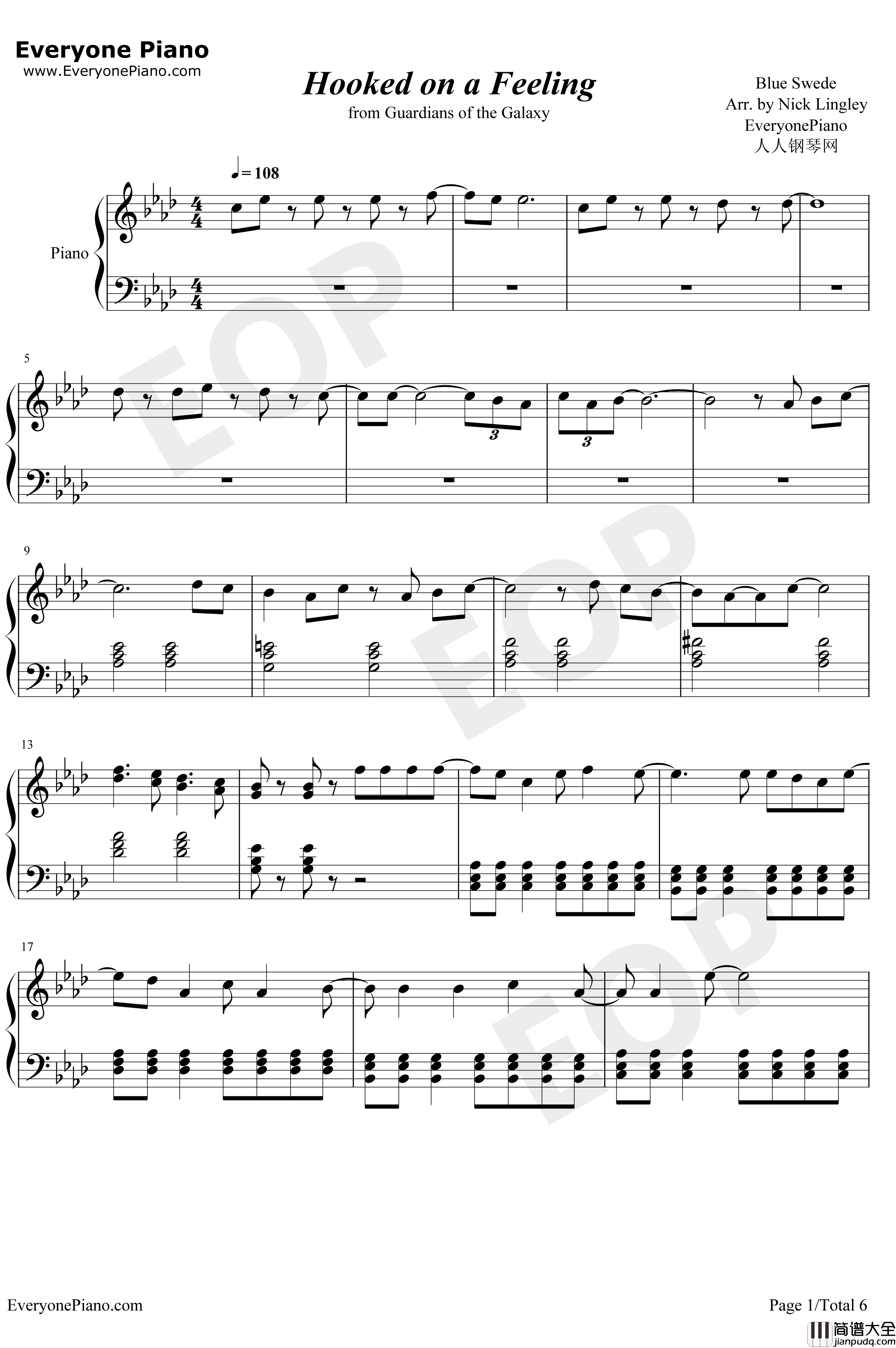 Hooked_on_aFeeling钢琴谱_BlueSwede_银河护卫队OST