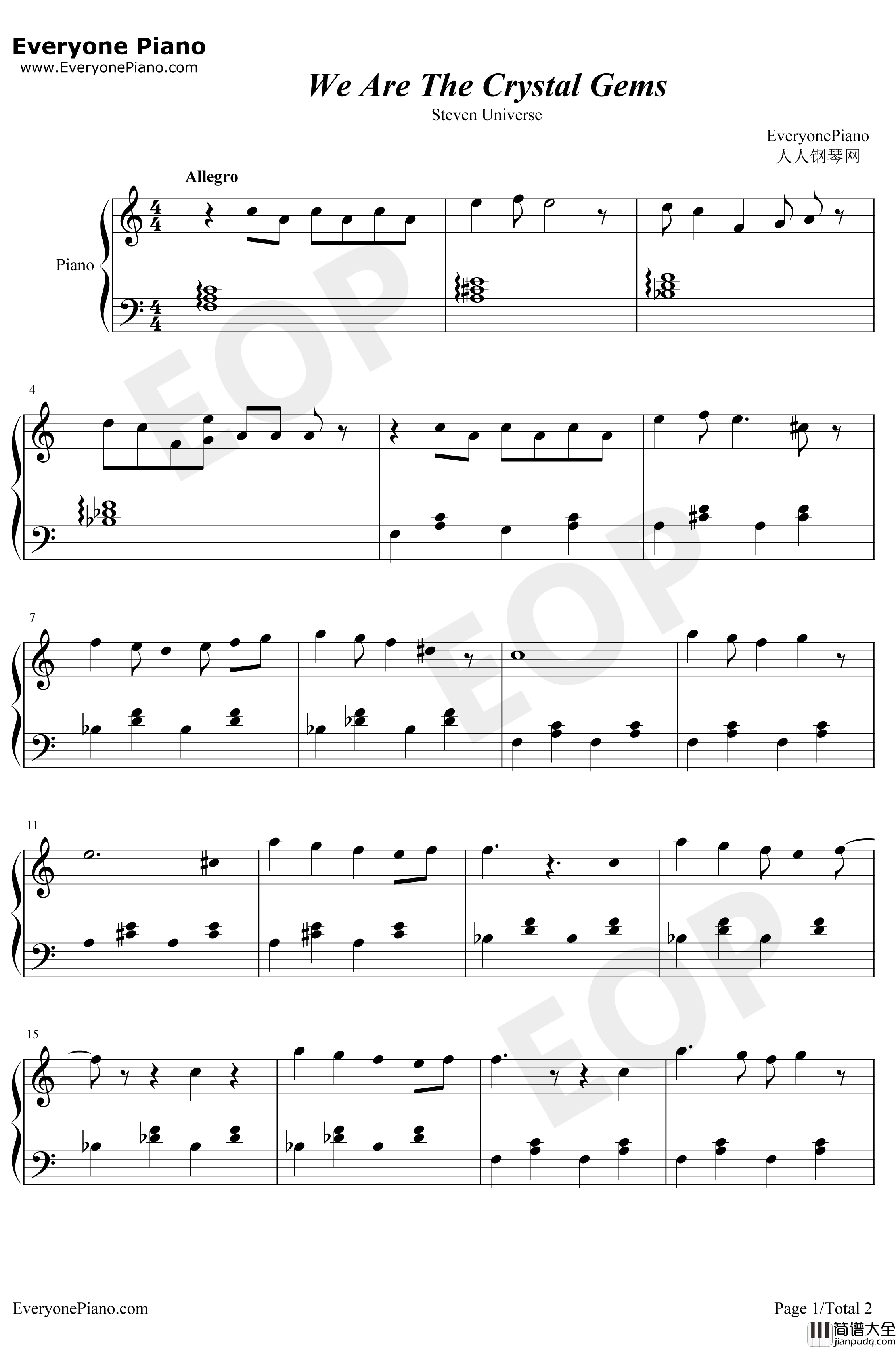 WeAreTheCrystalGems钢琴谱_ZachCallisonEstelleMichaelaDietzDeedeeMagnoHall_史帝芬宇宙主题曲