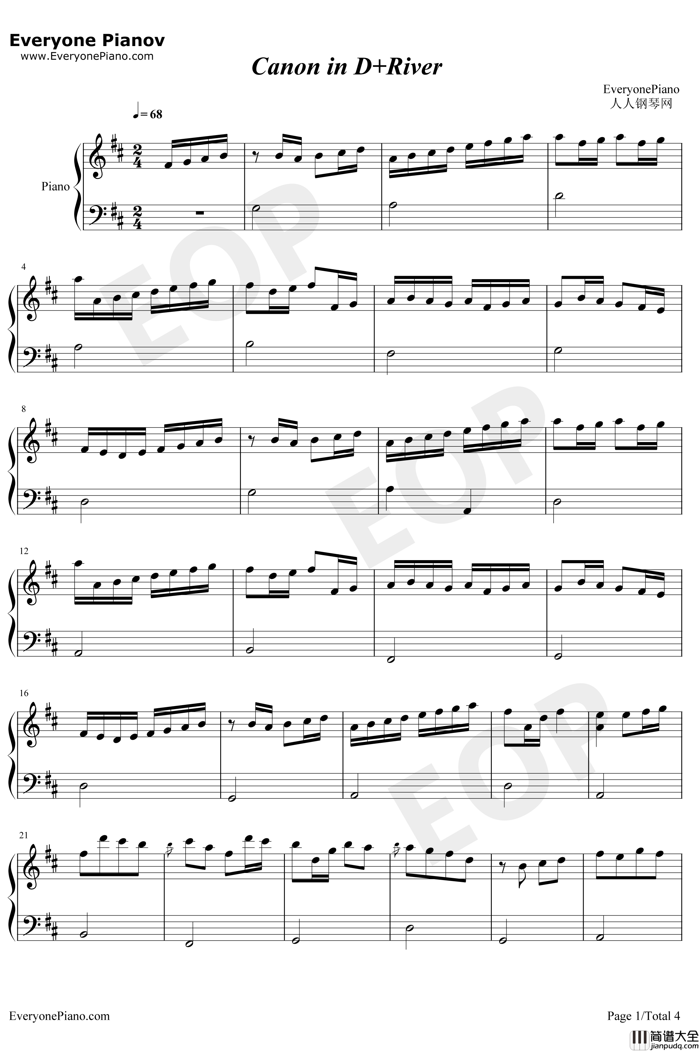 绝美卡农Canon遇上RiverFlowsInYou钢琴谱_JohannPachelbelYiruma_你绝对没听过的版本