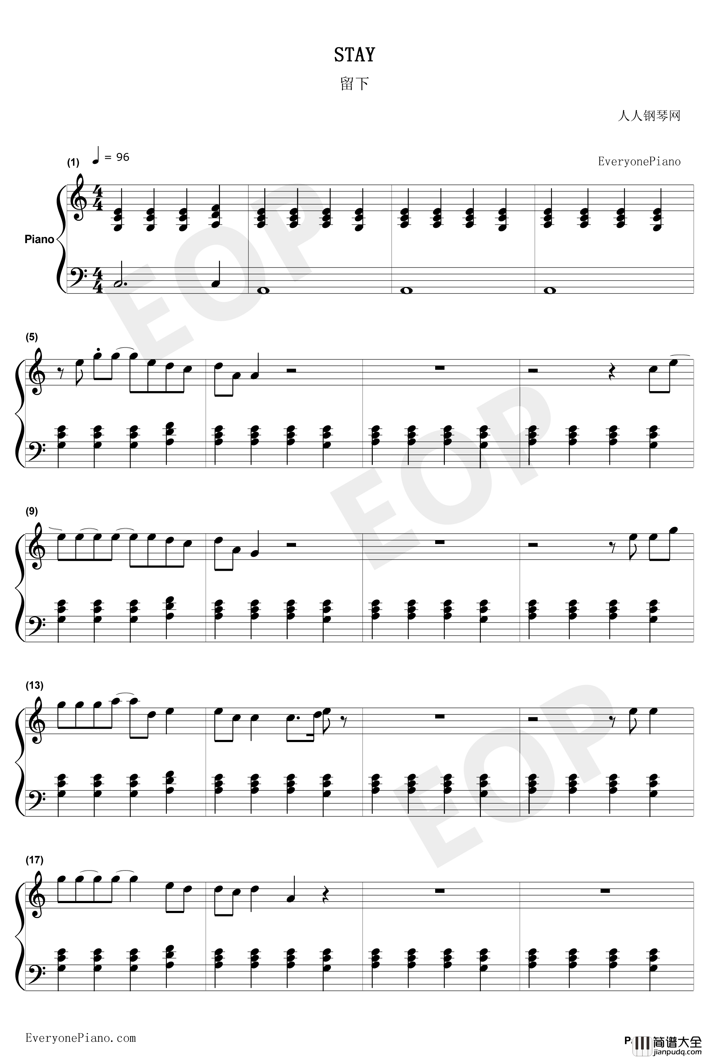 Stay钢琴谱_RihannaMikkyEkko