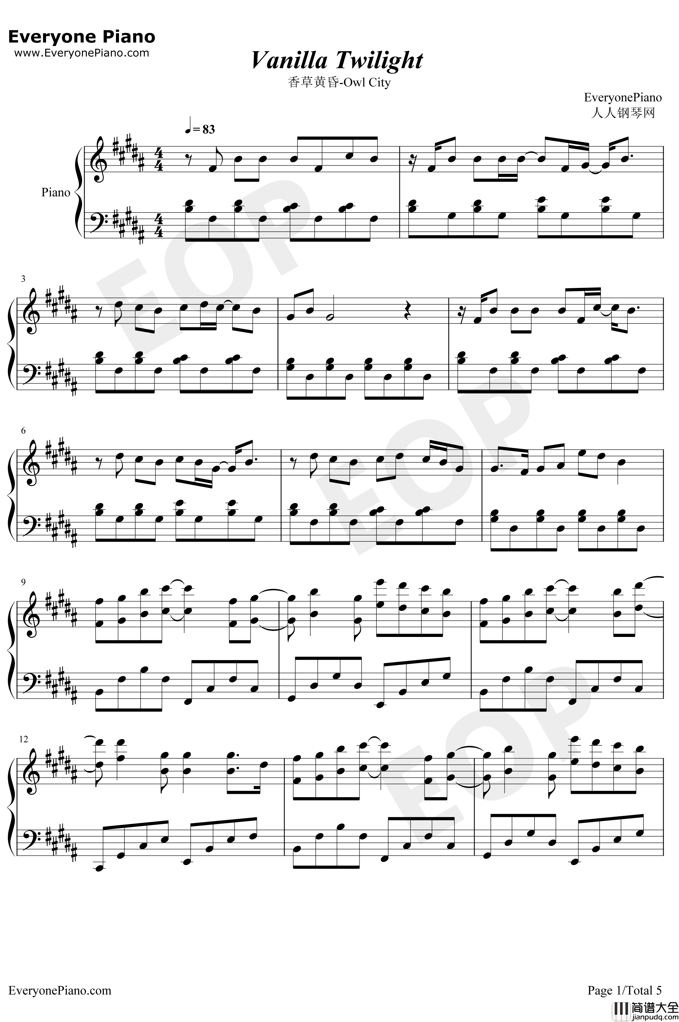 Vanilla_Twilight钢琴谱_OwlCity
