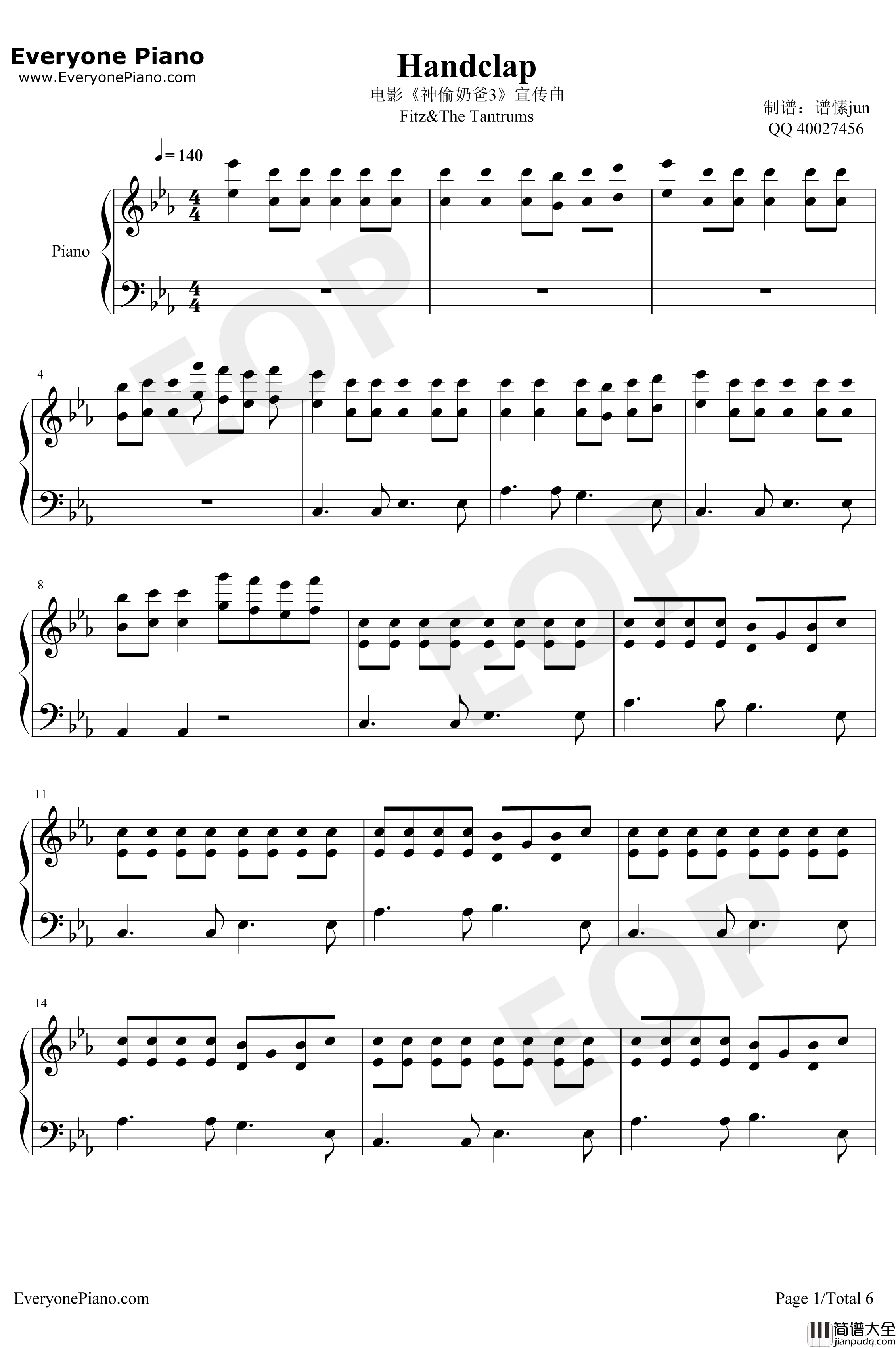 Handclap钢琴谱_Fitz&TheTantrums_神偷奶爸3宣传曲