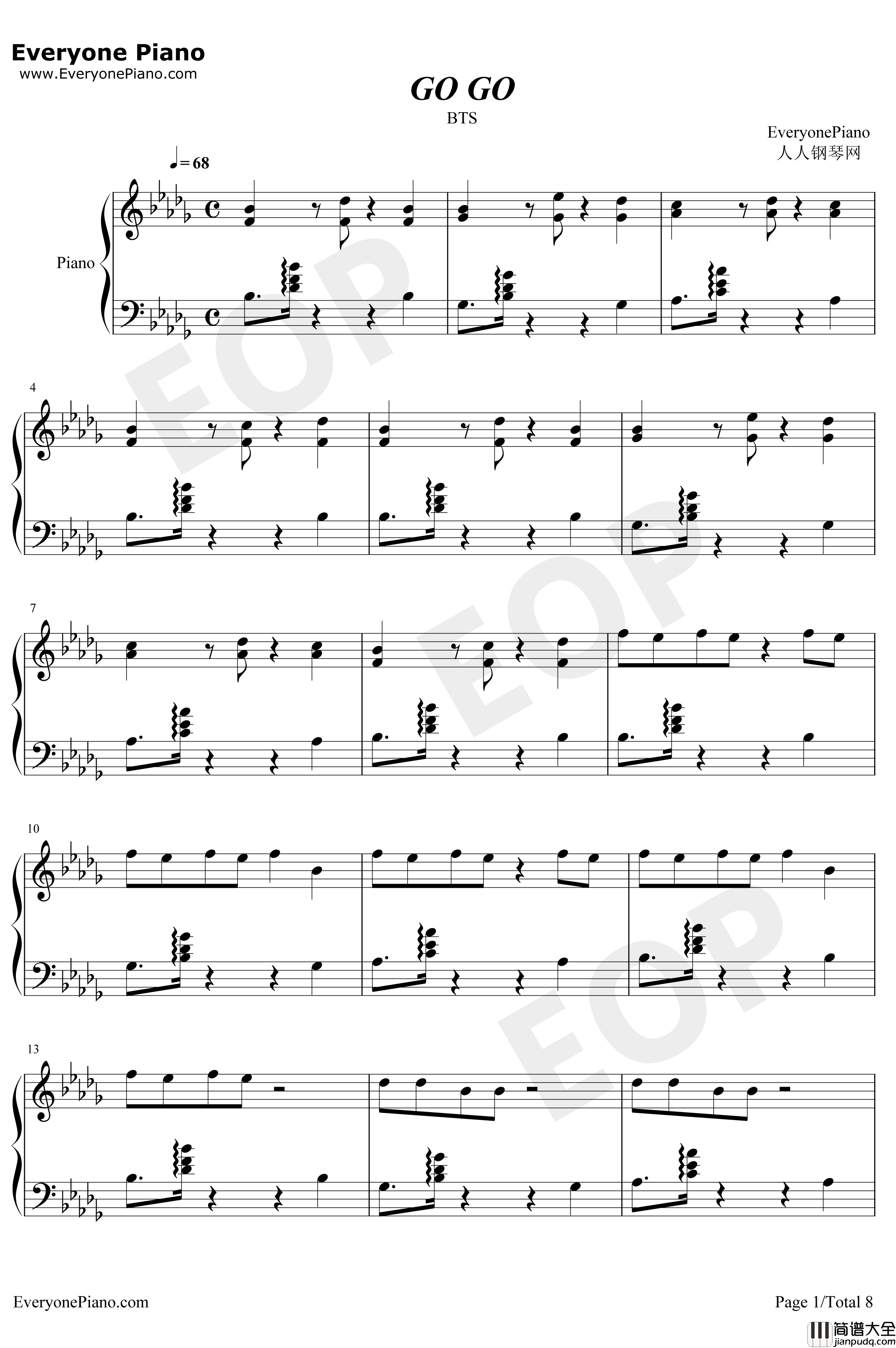 Go_Go钢琴谱_防弹少年团