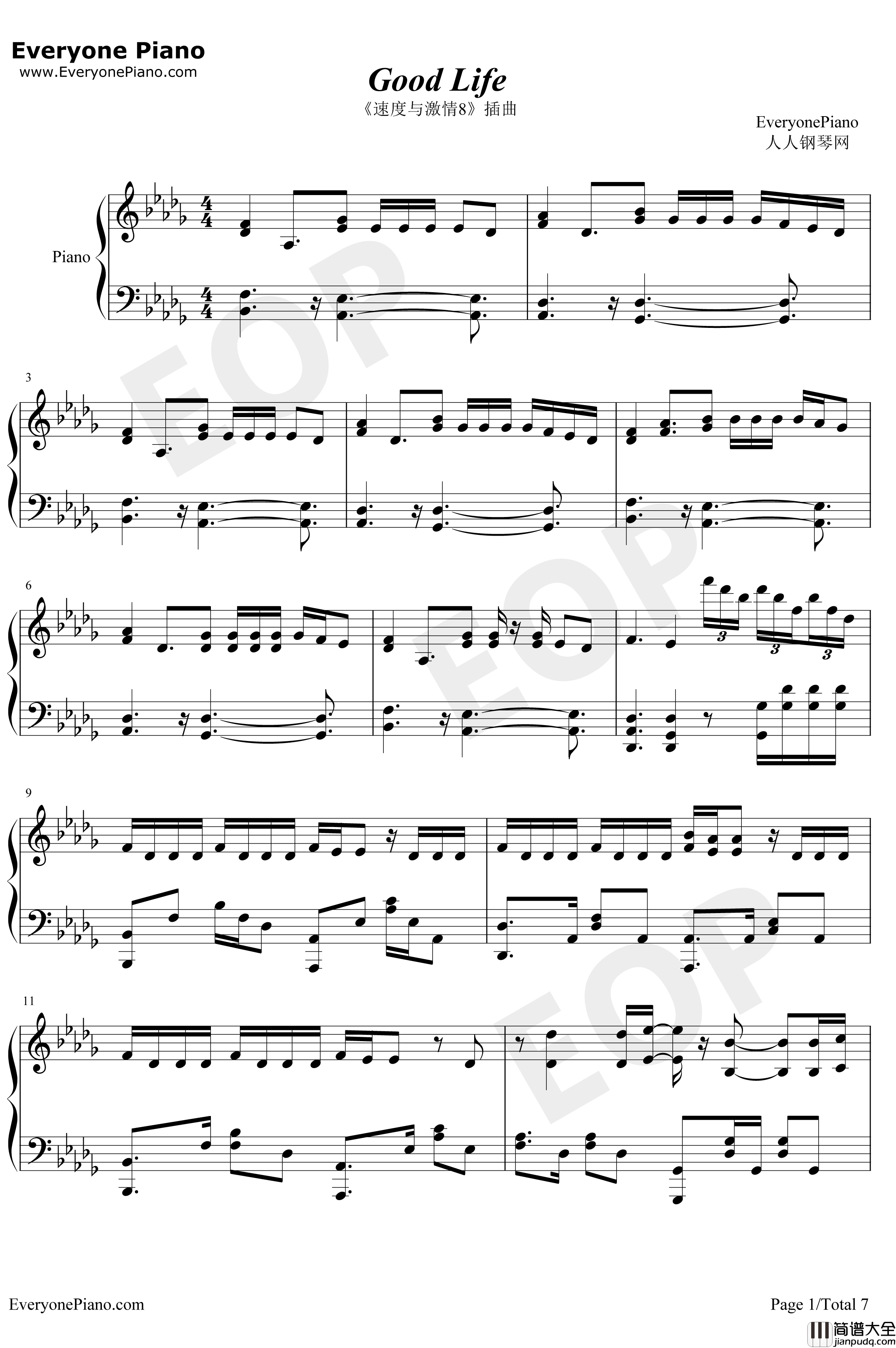 Good_Life钢琴谱_G_EazyKehlani_速度与激情8插曲