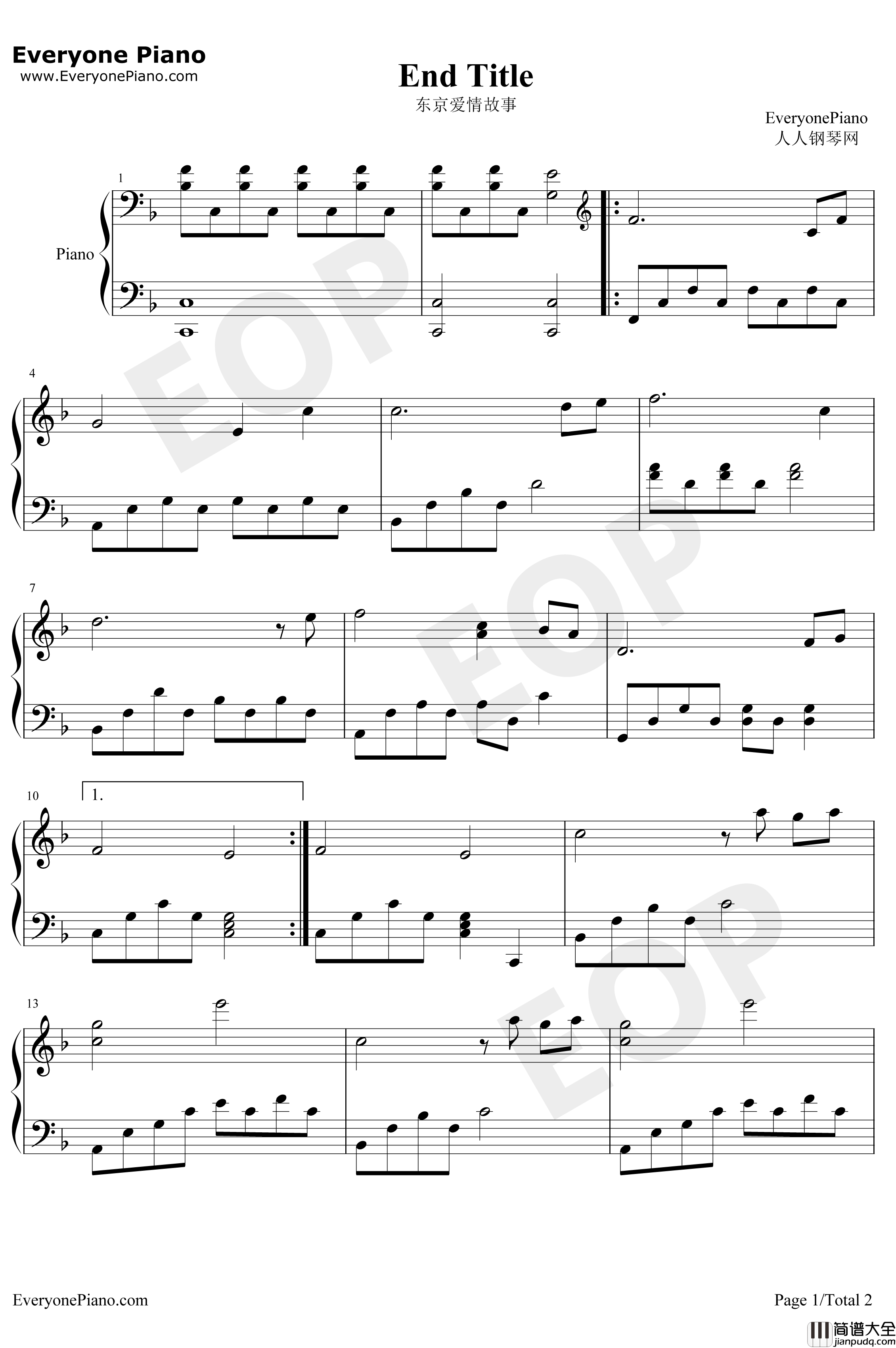 End_Title钢琴谱_东京爱情故事OST