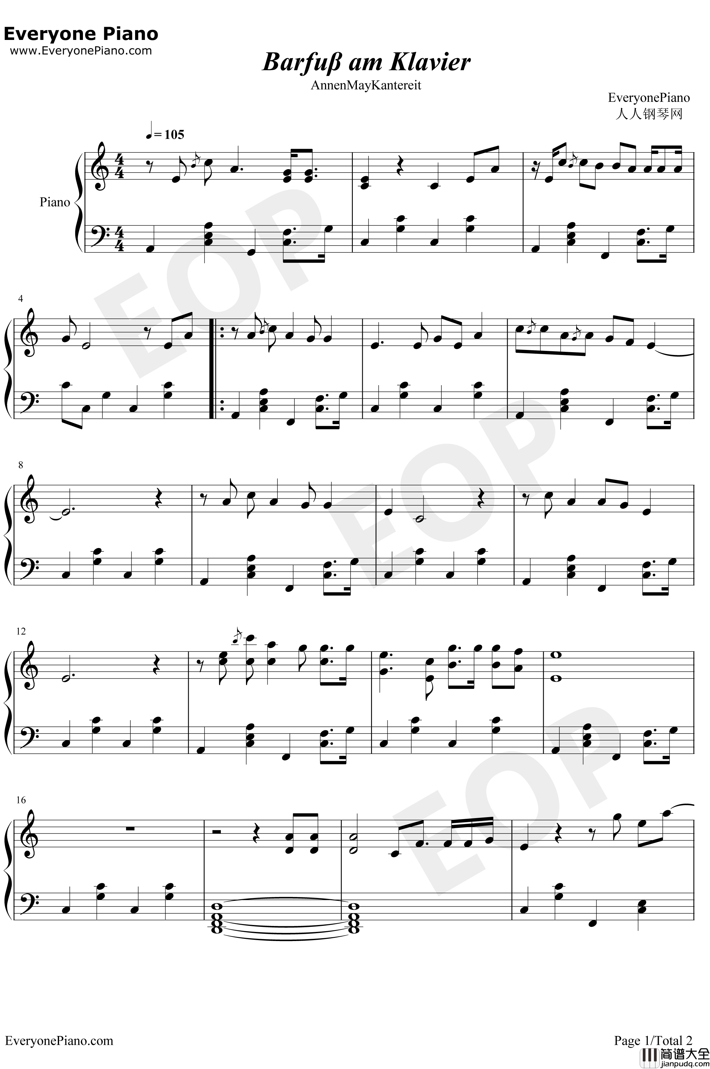 Barfuß_Am_Klavier钢琴谱_AnnenMayKantereit