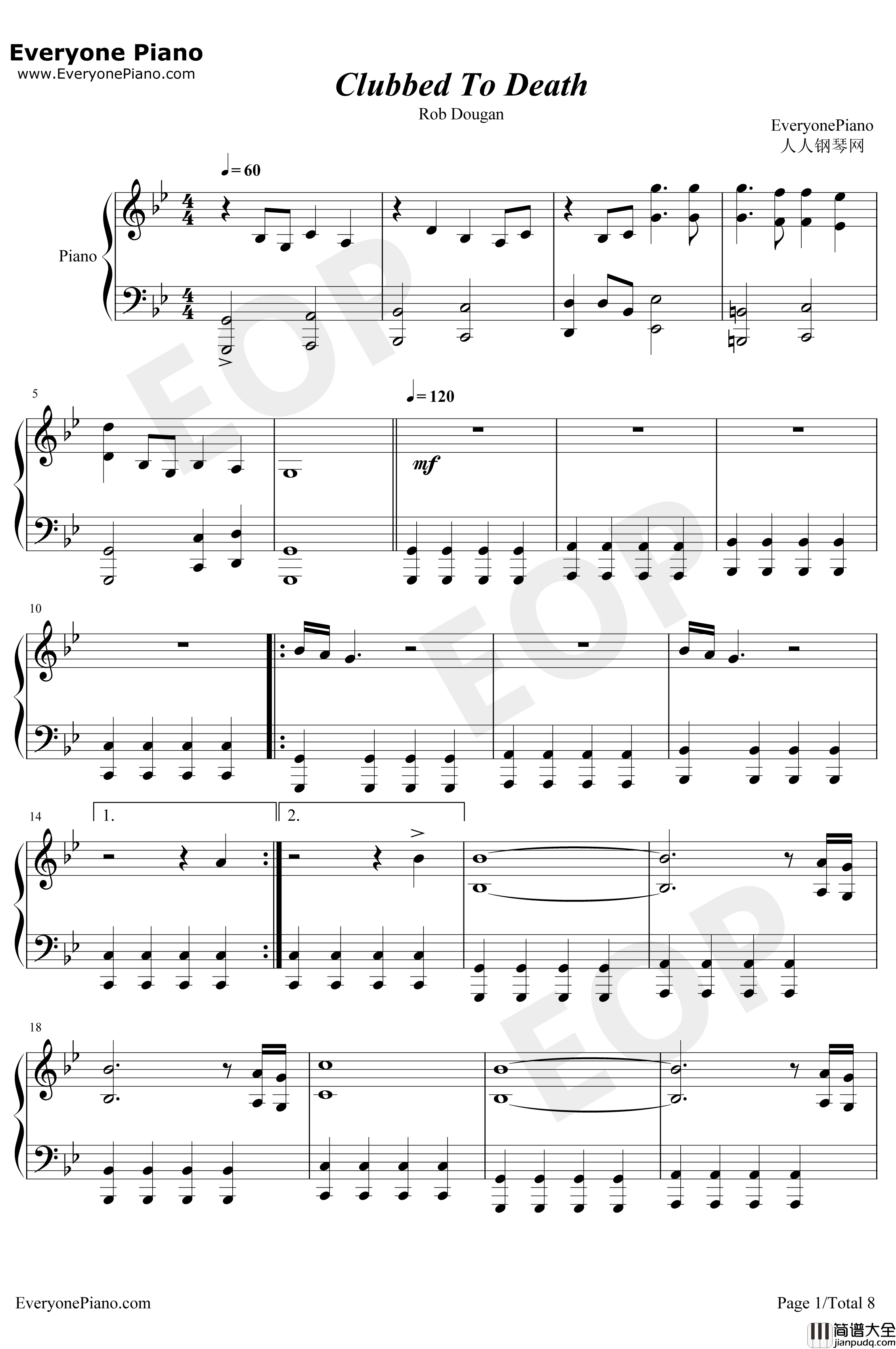 Clubbed_to_Death钢琴谱_RobDougan_黑客帝国OST