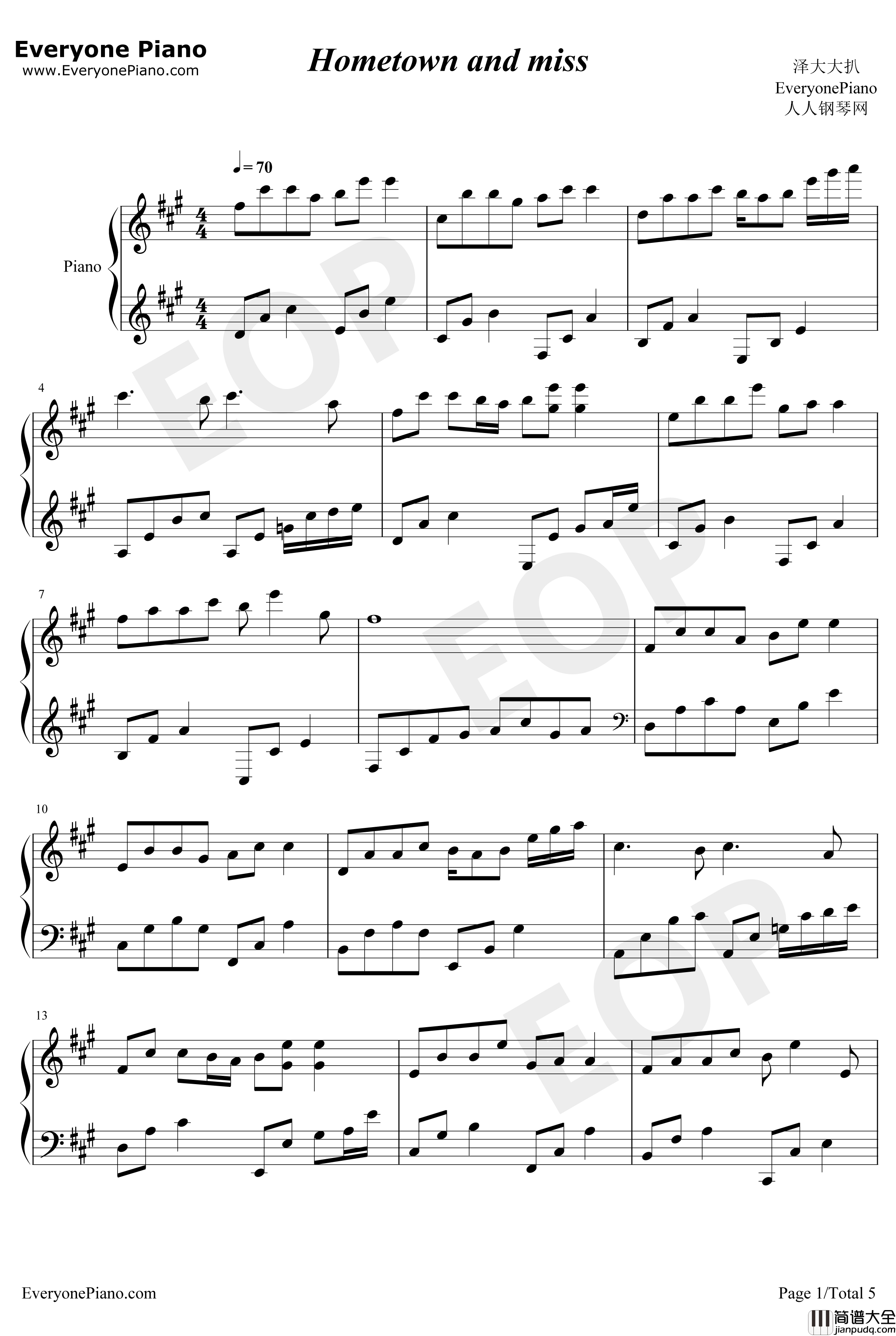 Hometown_and_miss钢琴谱_小周_醉美轻音乐只为打动你