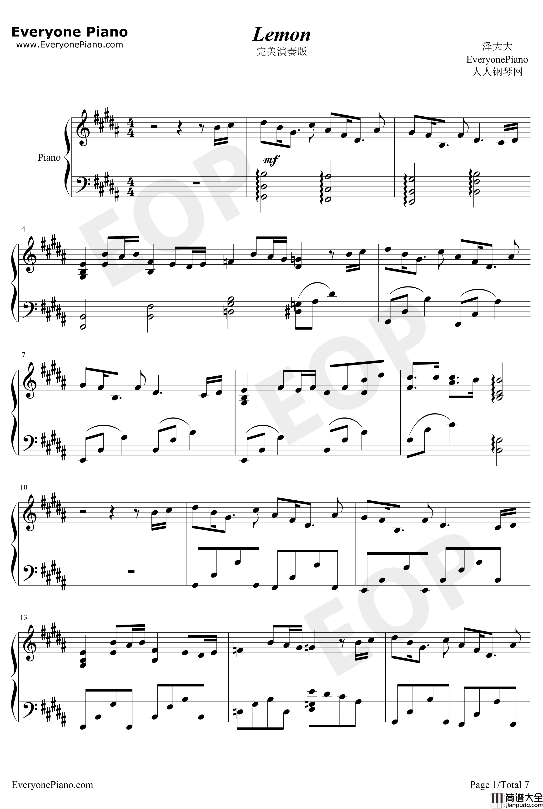 Lemon钢琴谱_米津玄师_完美演奏版