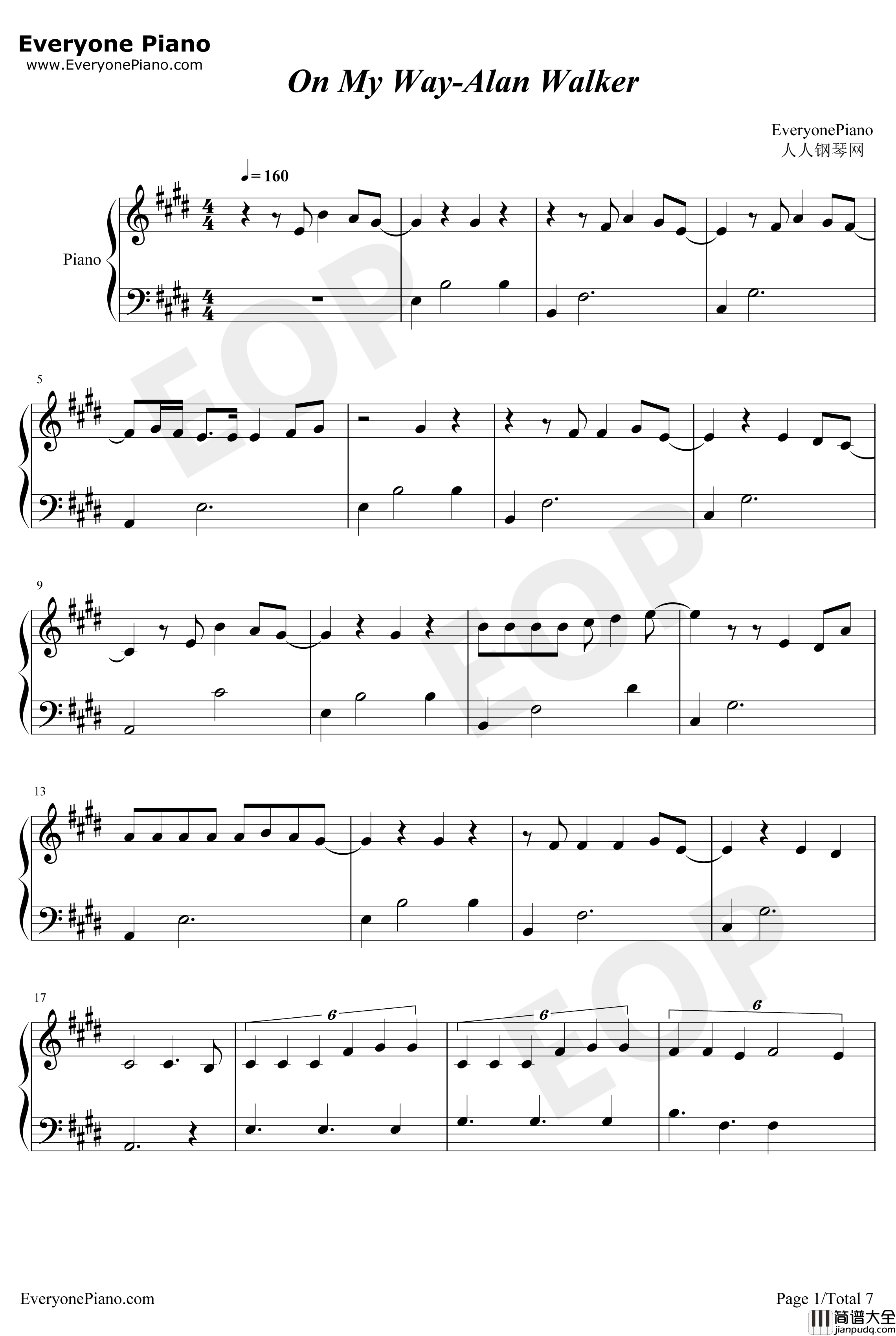 On_My_Way钢琴谱_AlanWalker_简单版_AlanWalker