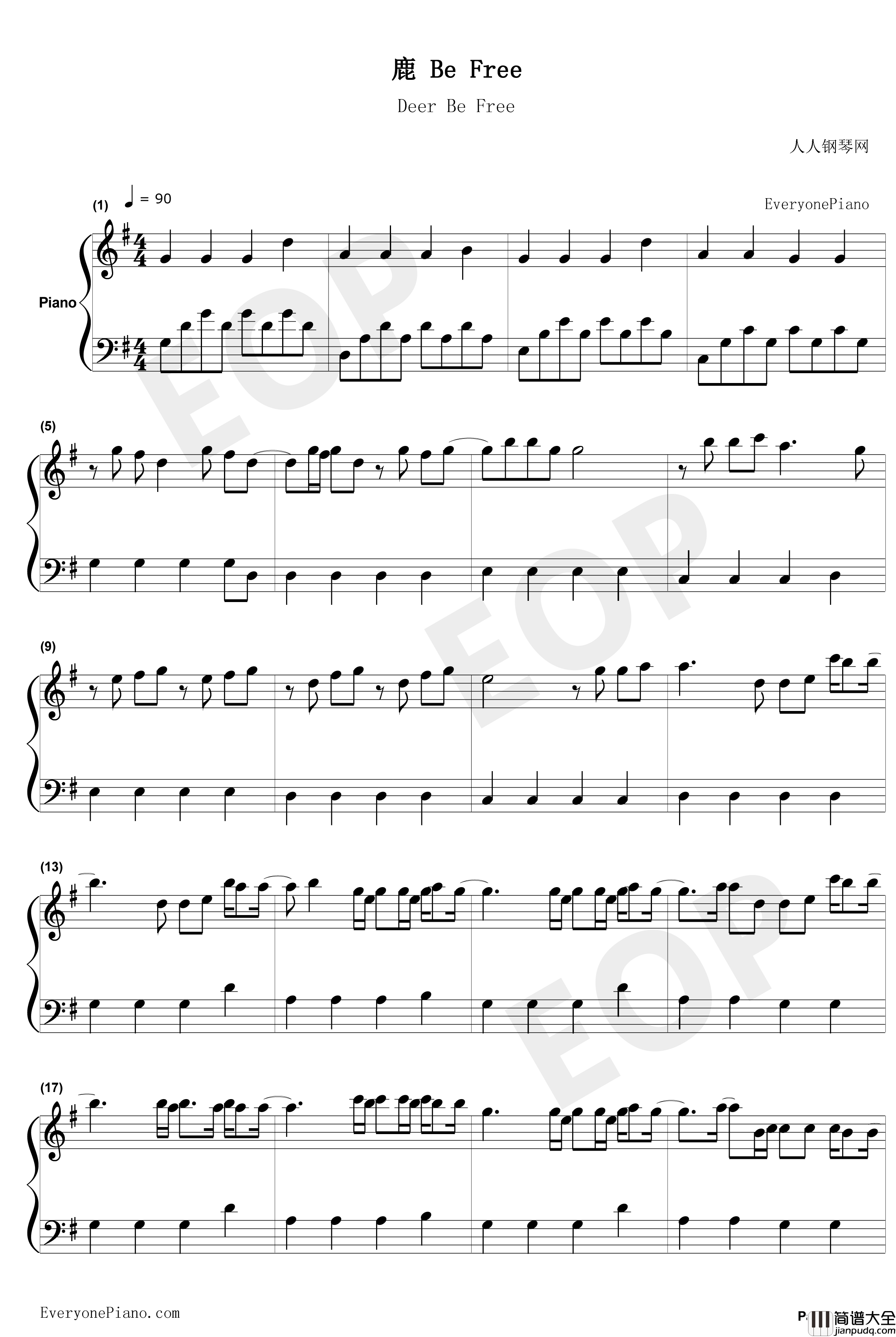 鹿_Be_Free钢琴谱_尚雯婕_熊出没奇幻空间主题曲