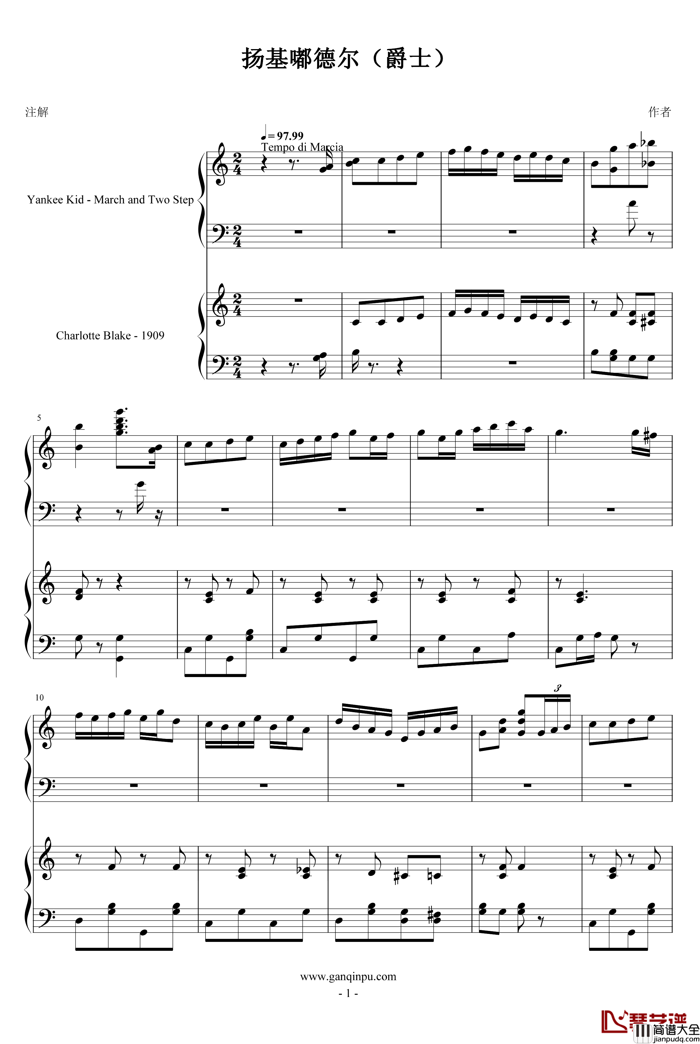 扬基嘟德尔钢琴谱_爵士_dengguobiao