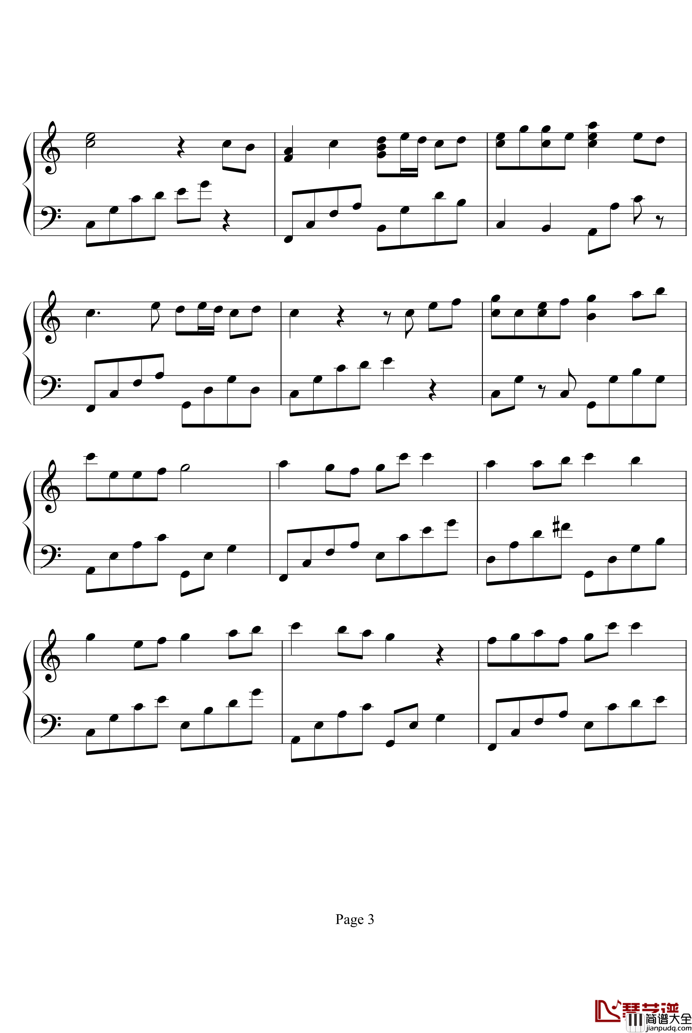 暖暖钢琴谱_C调简单版_梁静茹