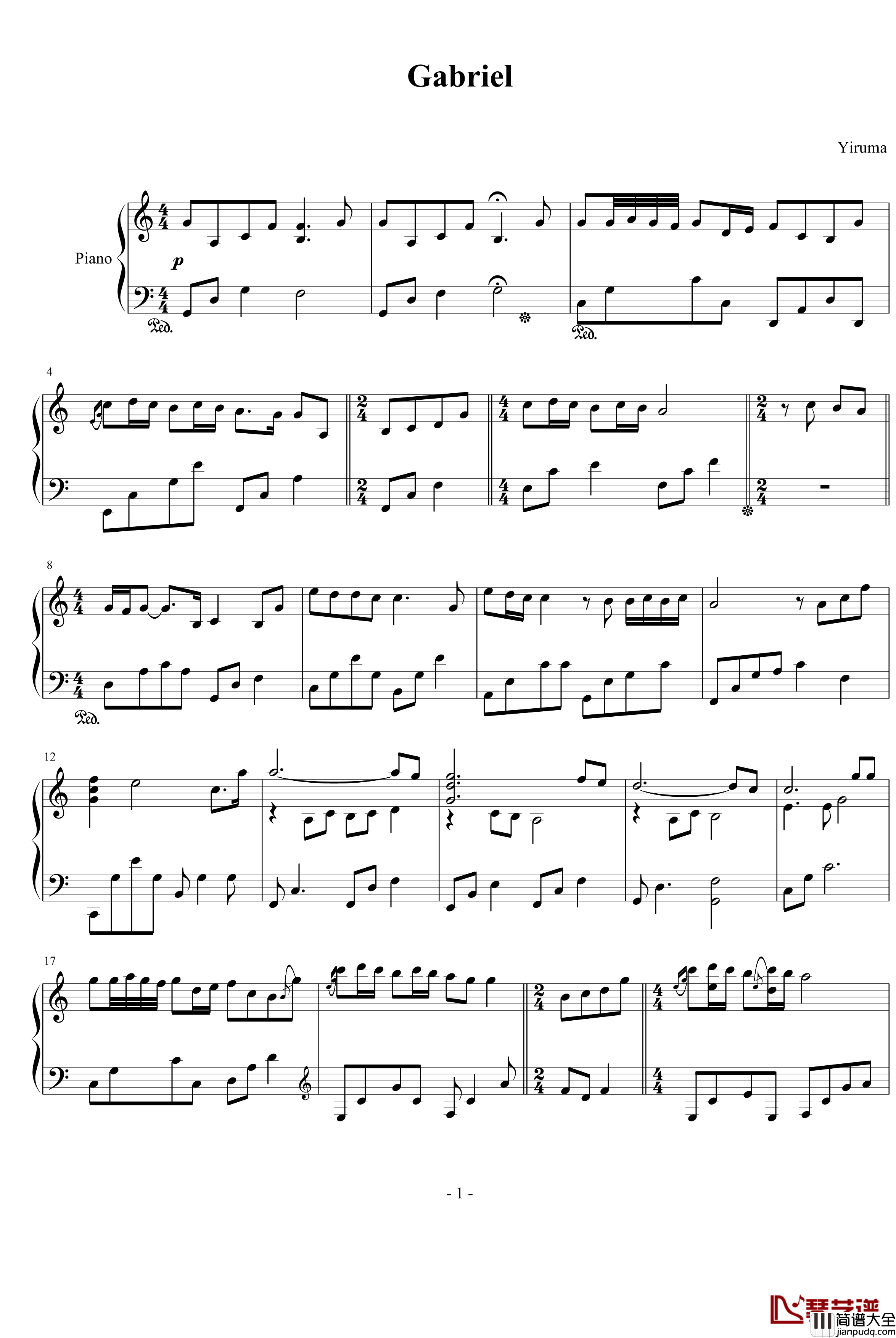 Gabriel钢琴谱_Yiruma