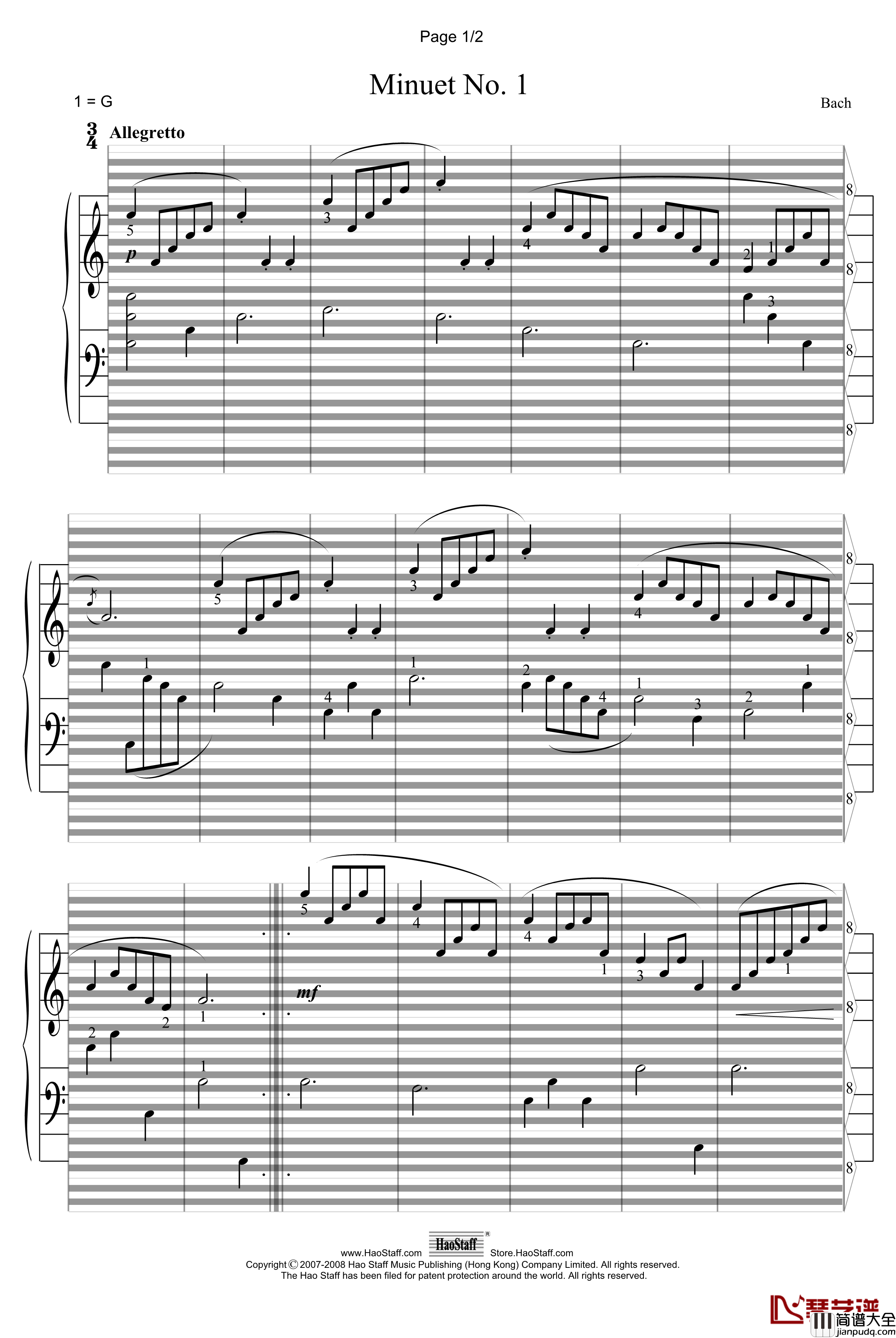 小步舞曲Minuet钢琴谱_郝氏谱_巴赫_P.E.Bach