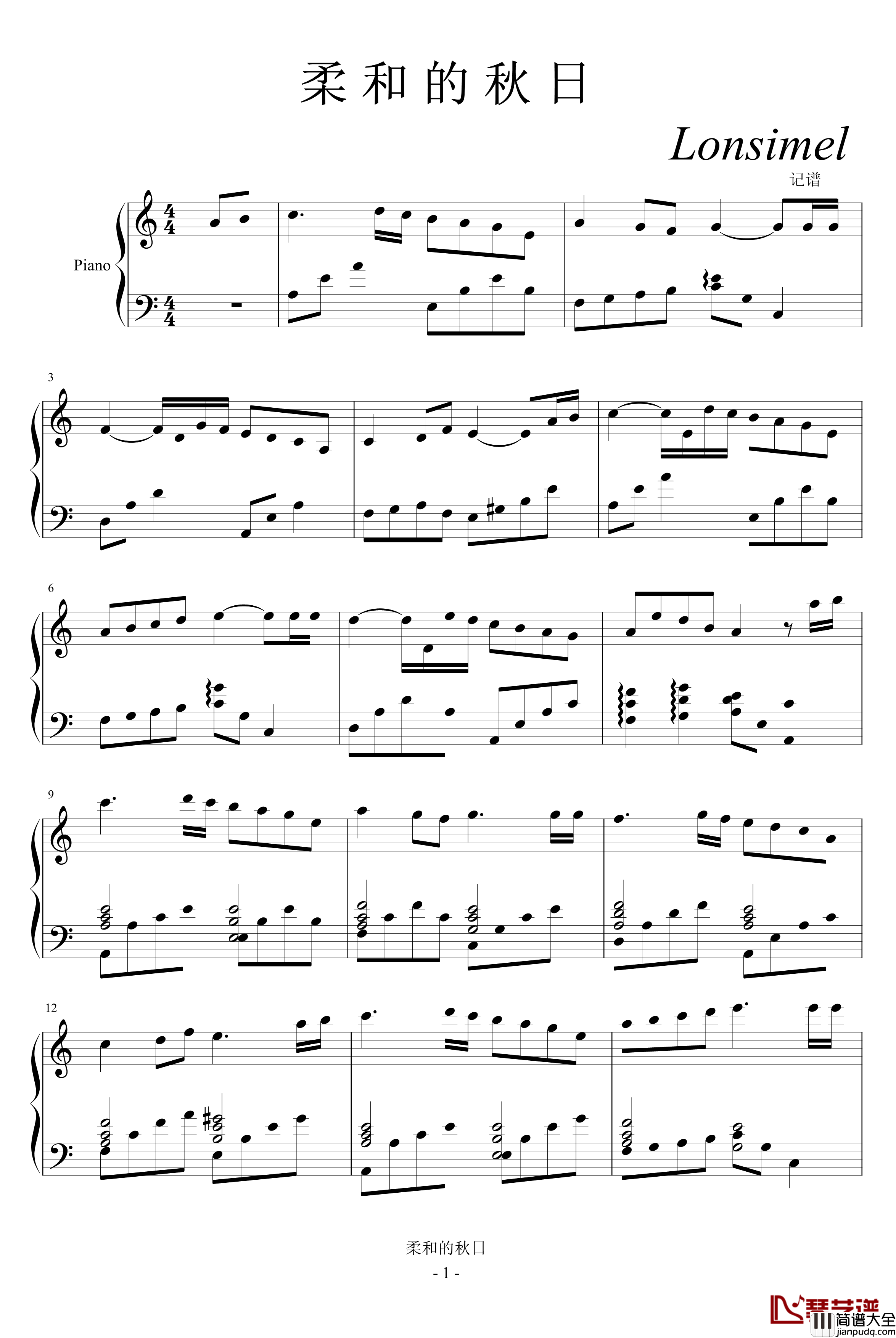 柔和的秋日钢琴谱_游戏