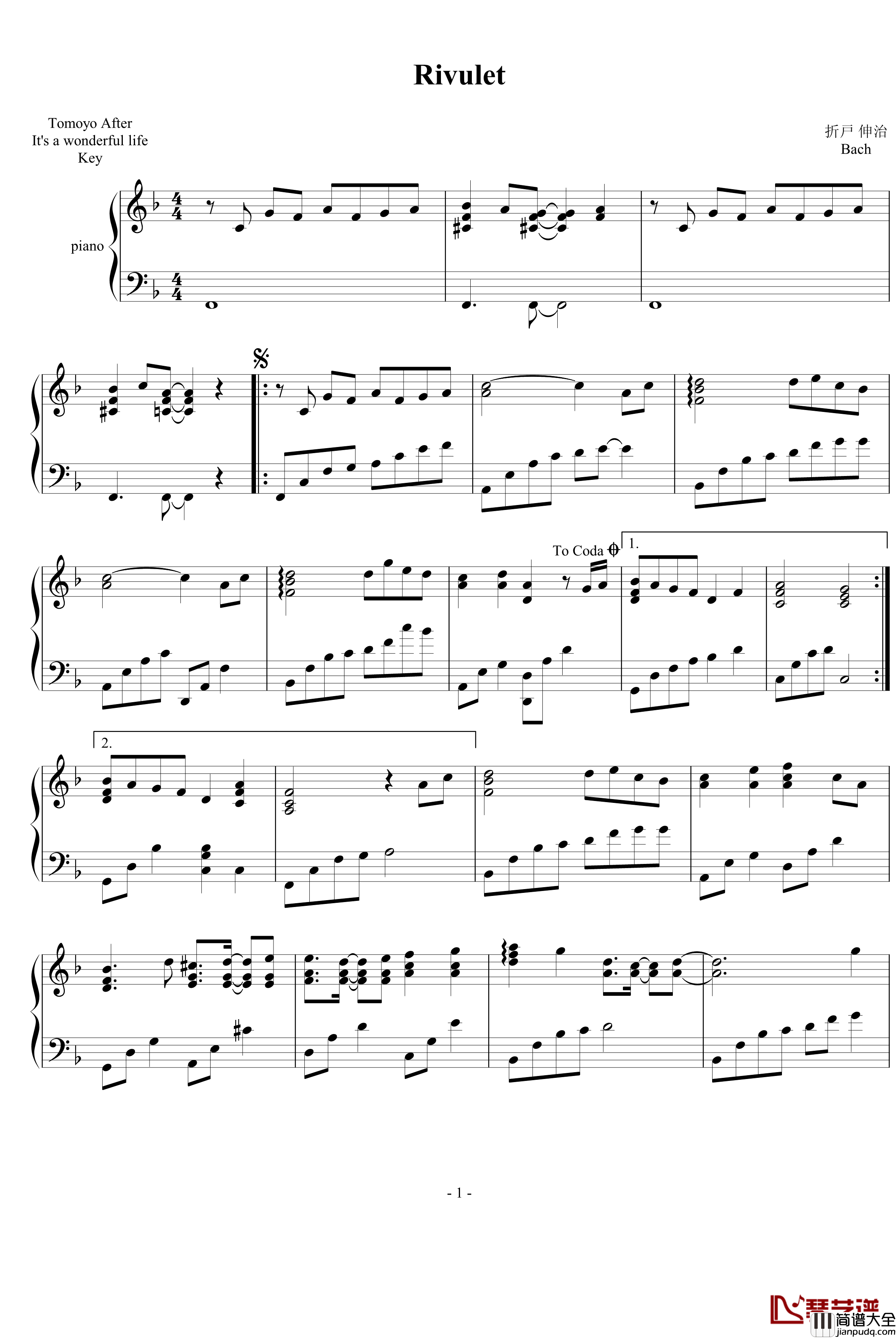 Rivulet钢琴谱_Tomoyo_动漫影视