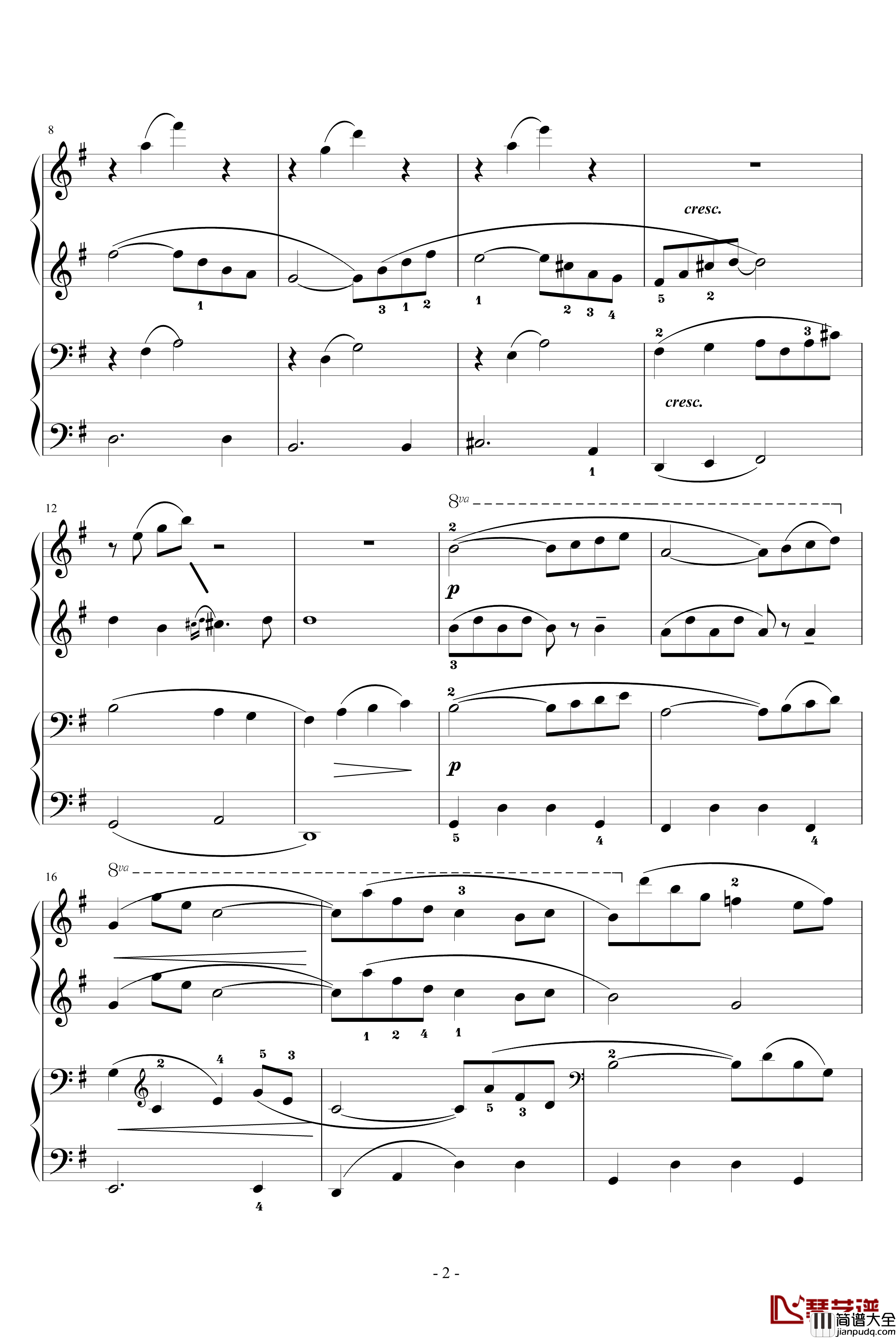 如歌钢琴谱_四手联弹_巴赫_P.E.Bach