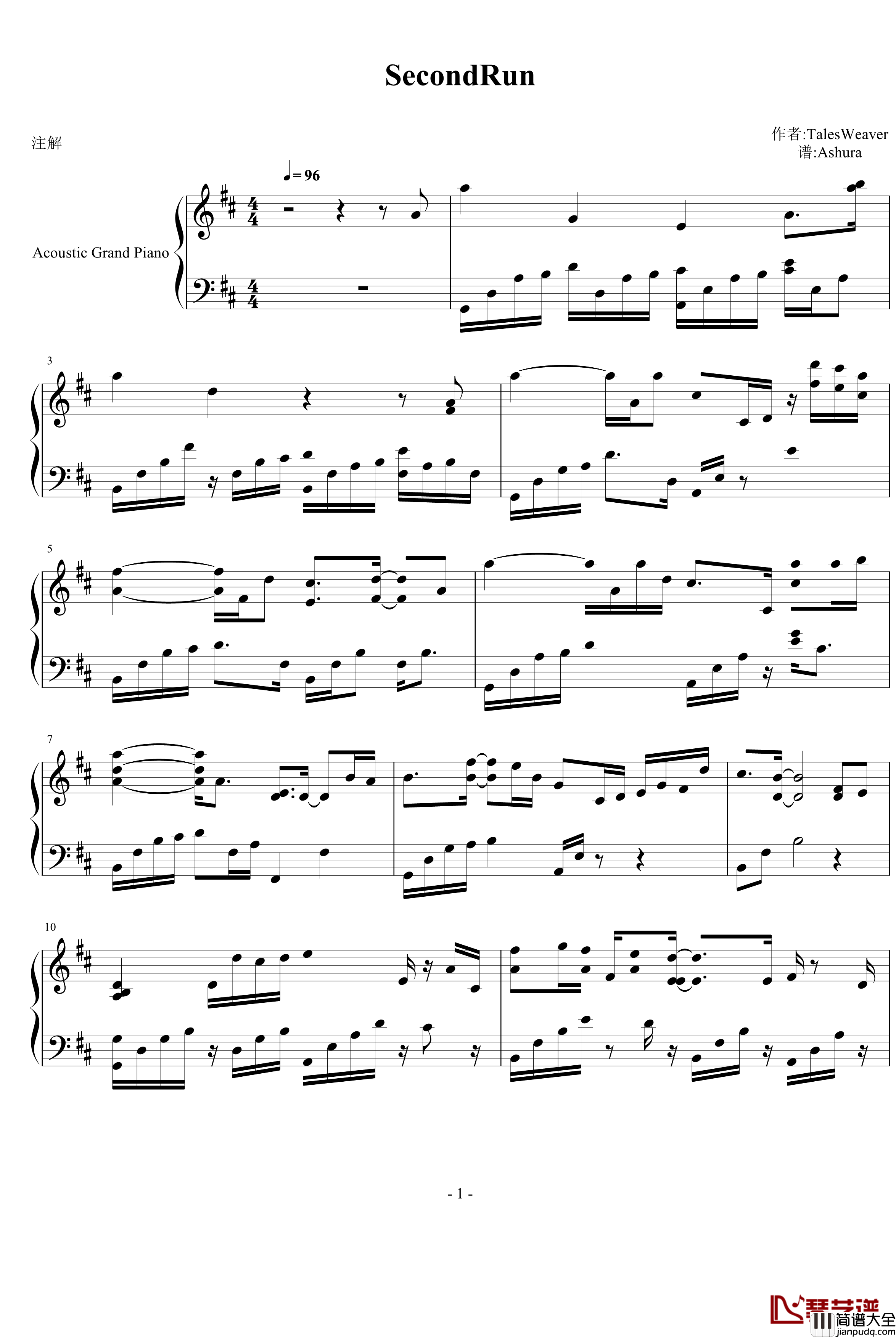 Second_Run钢琴谱_Ashura_动漫影视
