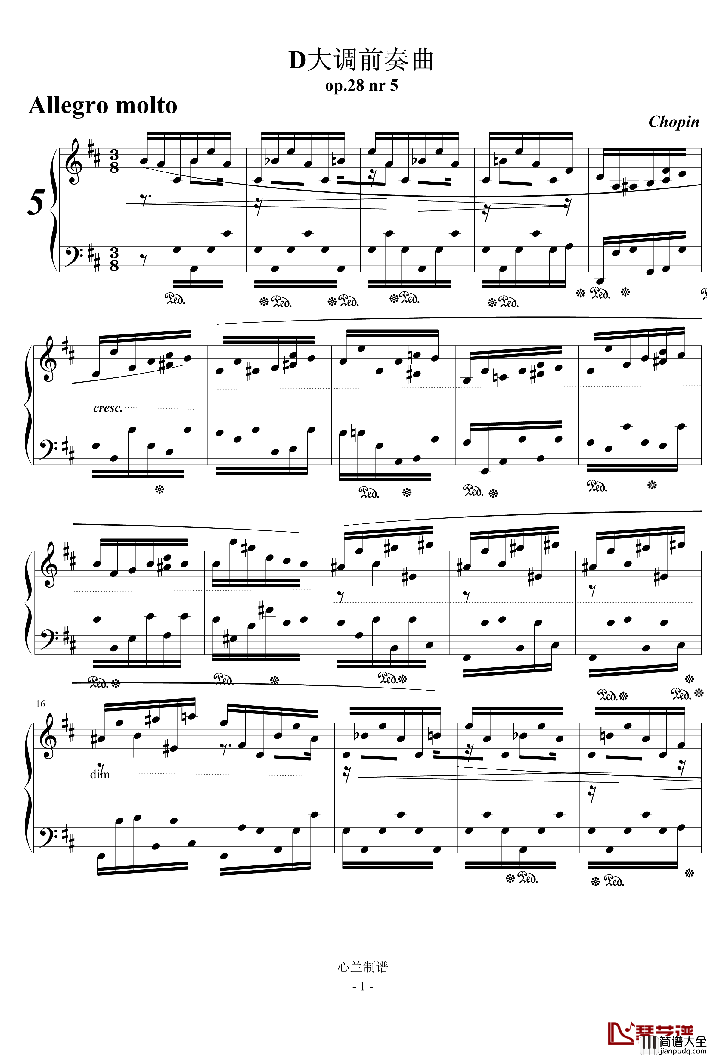 D大调前奏曲钢琴谱_肖邦_chopin