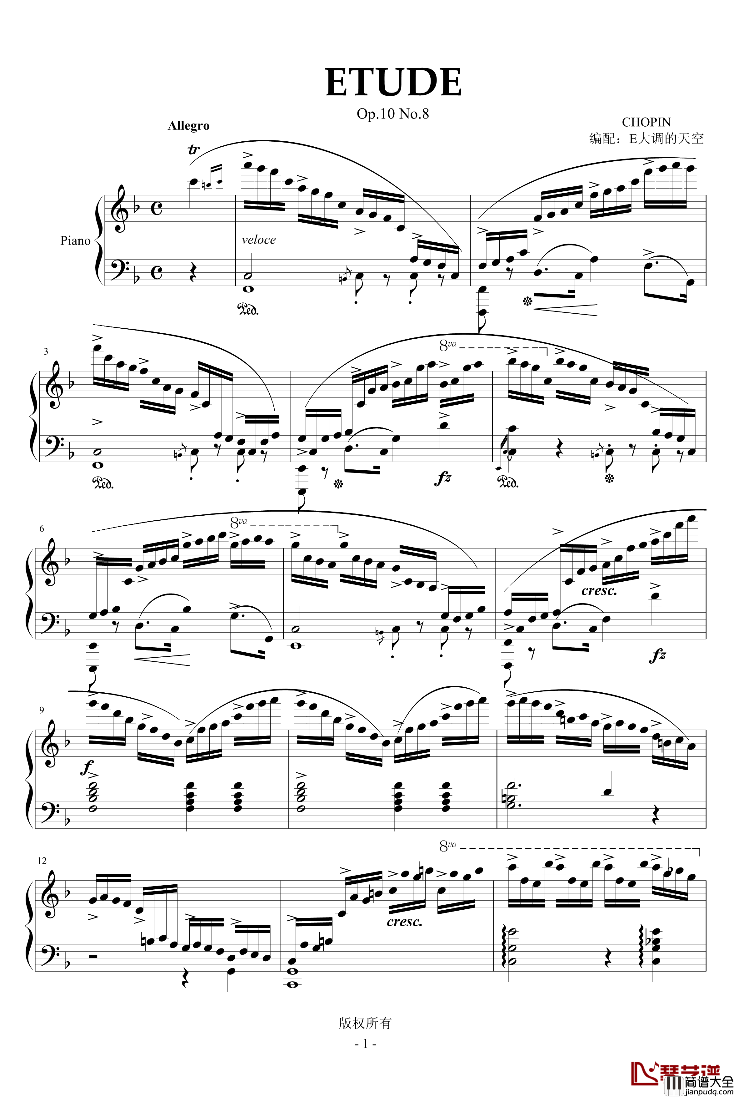 肖邦练习曲8钢琴谱_肖邦_chopin