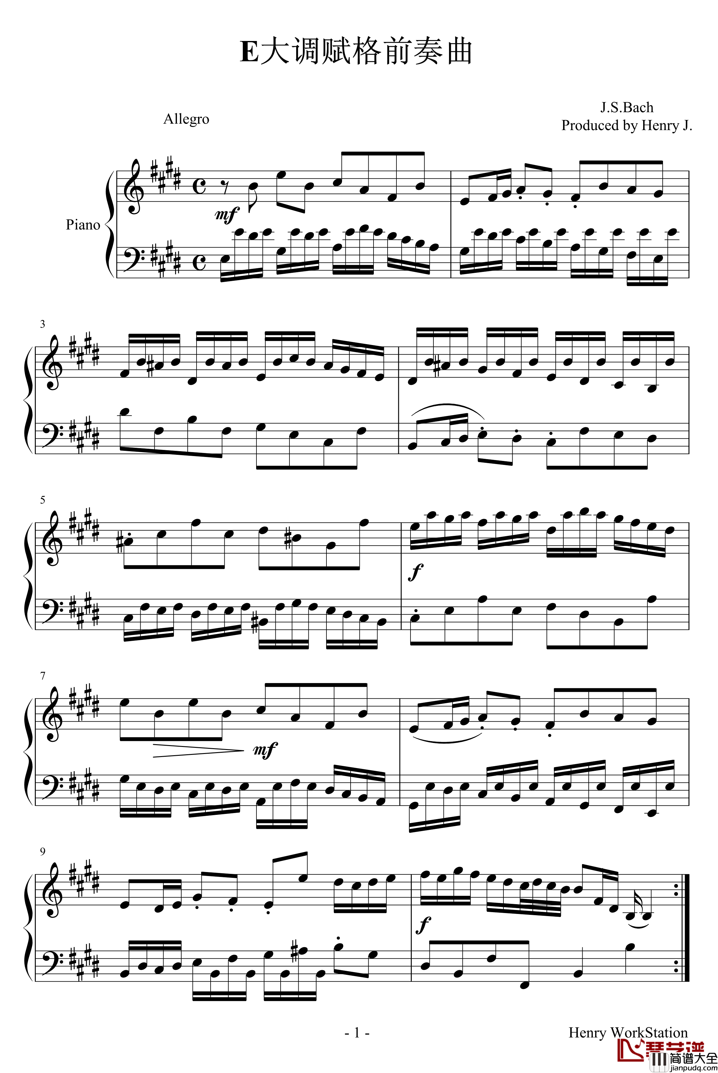 E大调赋格钢琴谱_巴赫_P.E.Bach