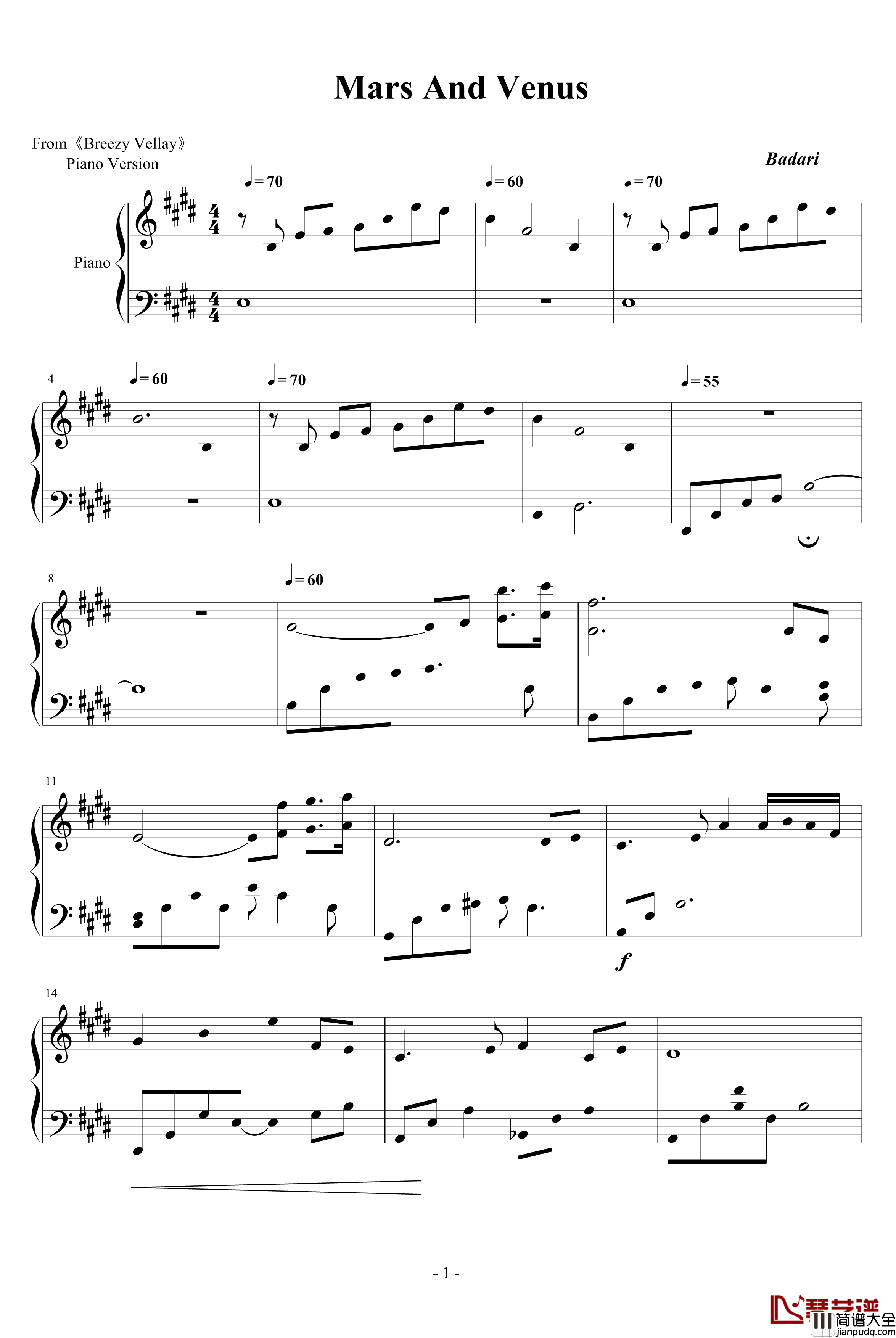 火星金星钢琴谱_Mars_And_Venus_班得瑞_Bandari