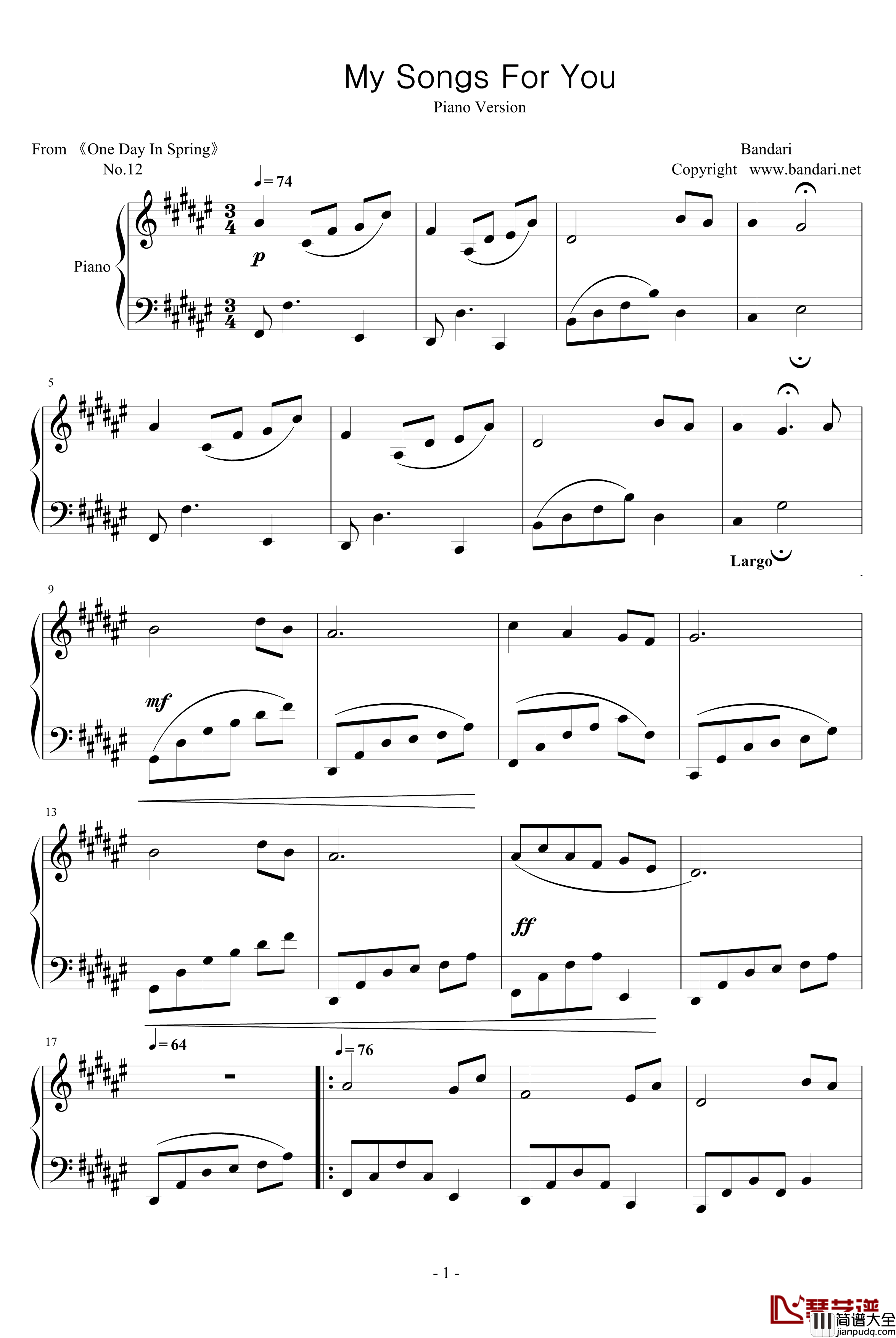 为你而歌钢琴谱_My_Songs_For_You_班得瑞_Bandari