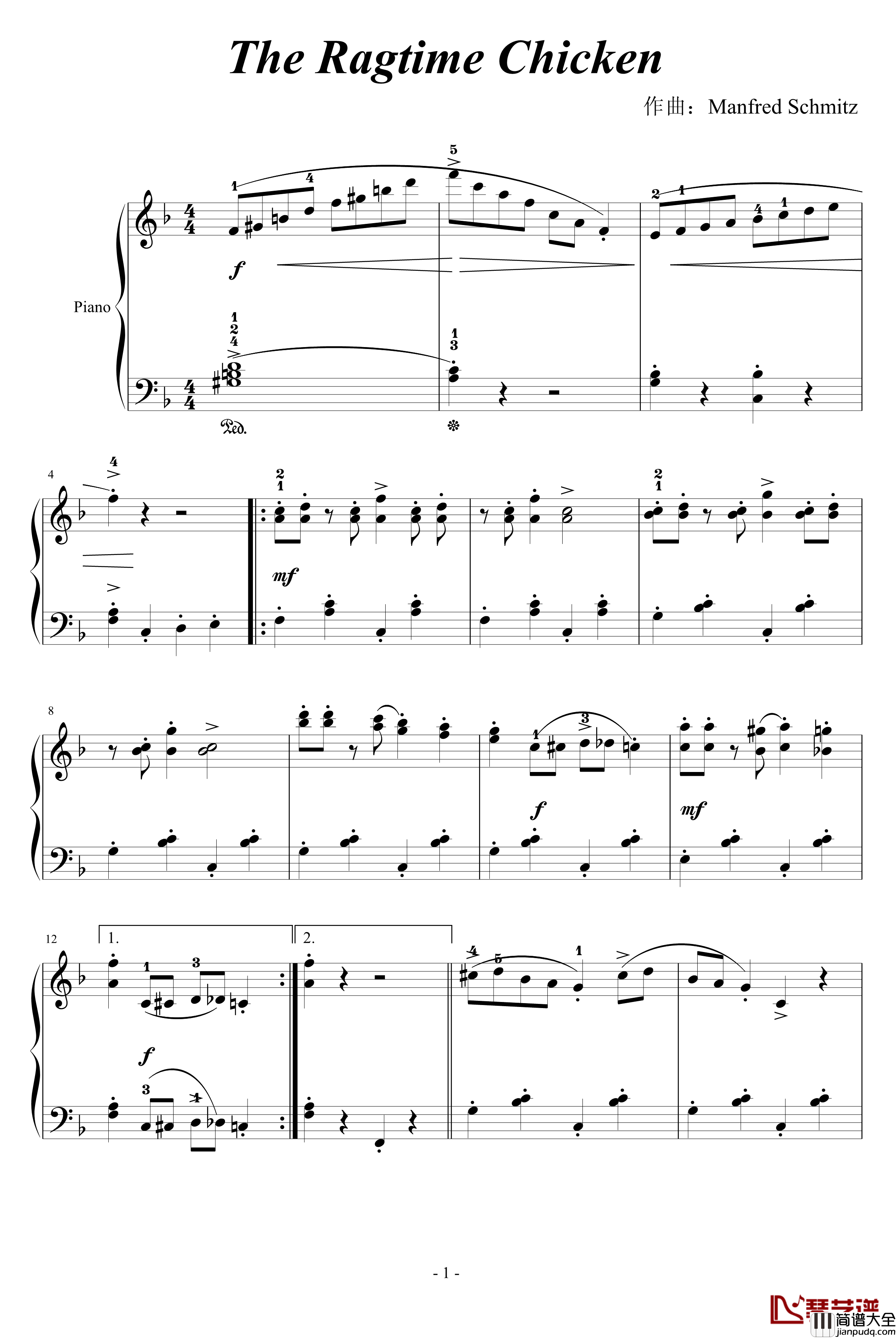 拉格泰姆小鸡钢琴谱_施密兹