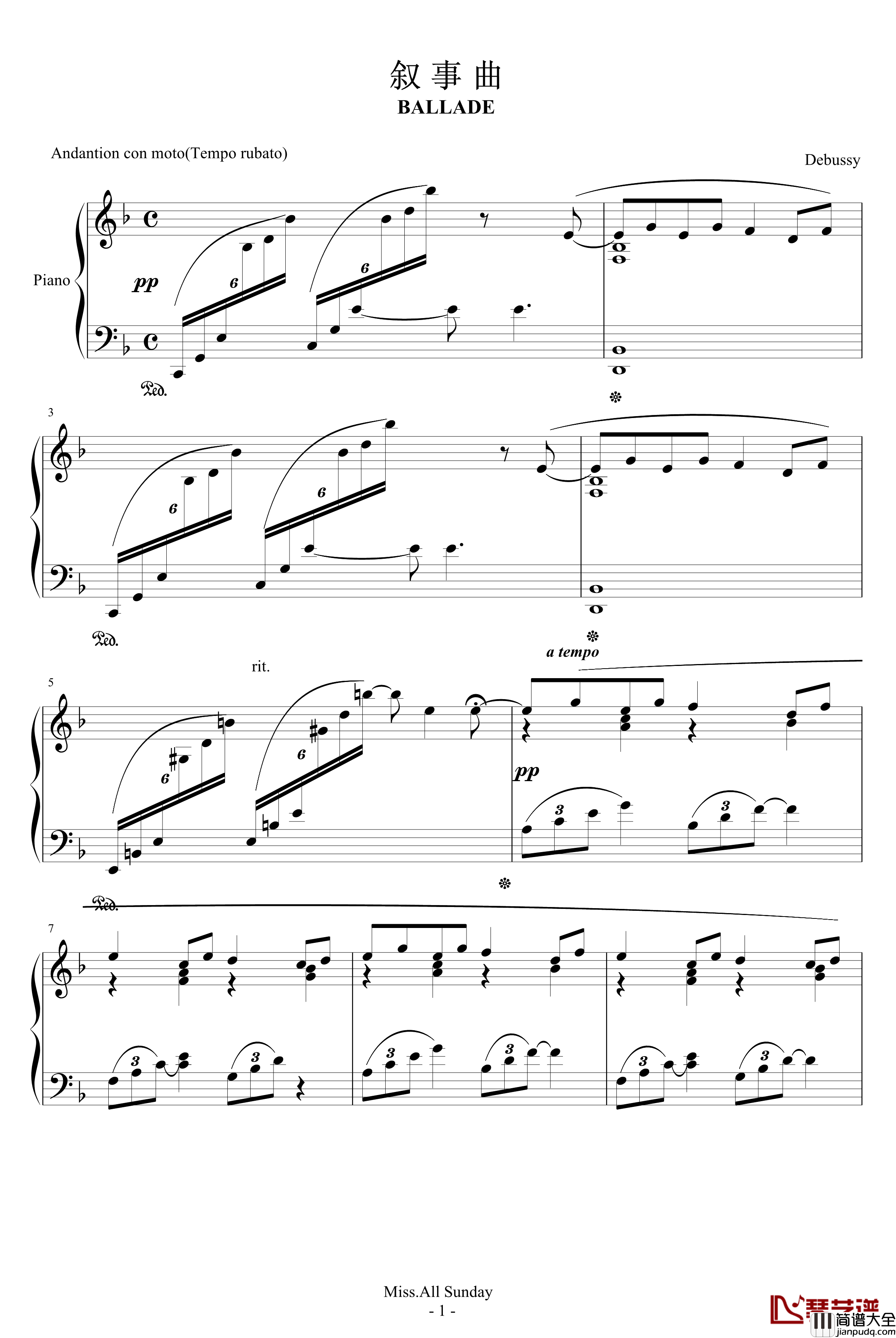 叙事曲钢琴谱_优美_德彪西