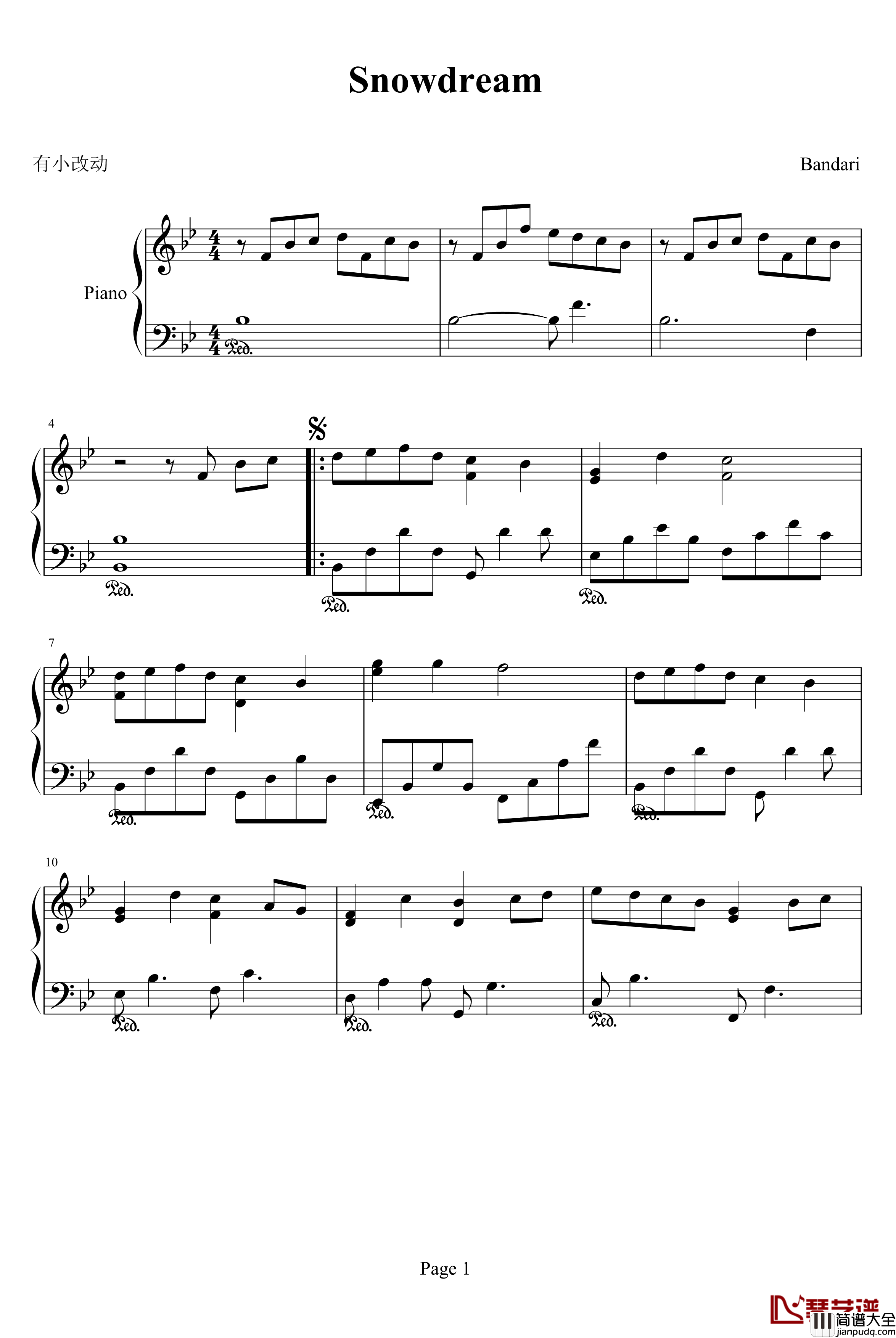 雪之梦钢琴谱_较好版_班得瑞_Bandari