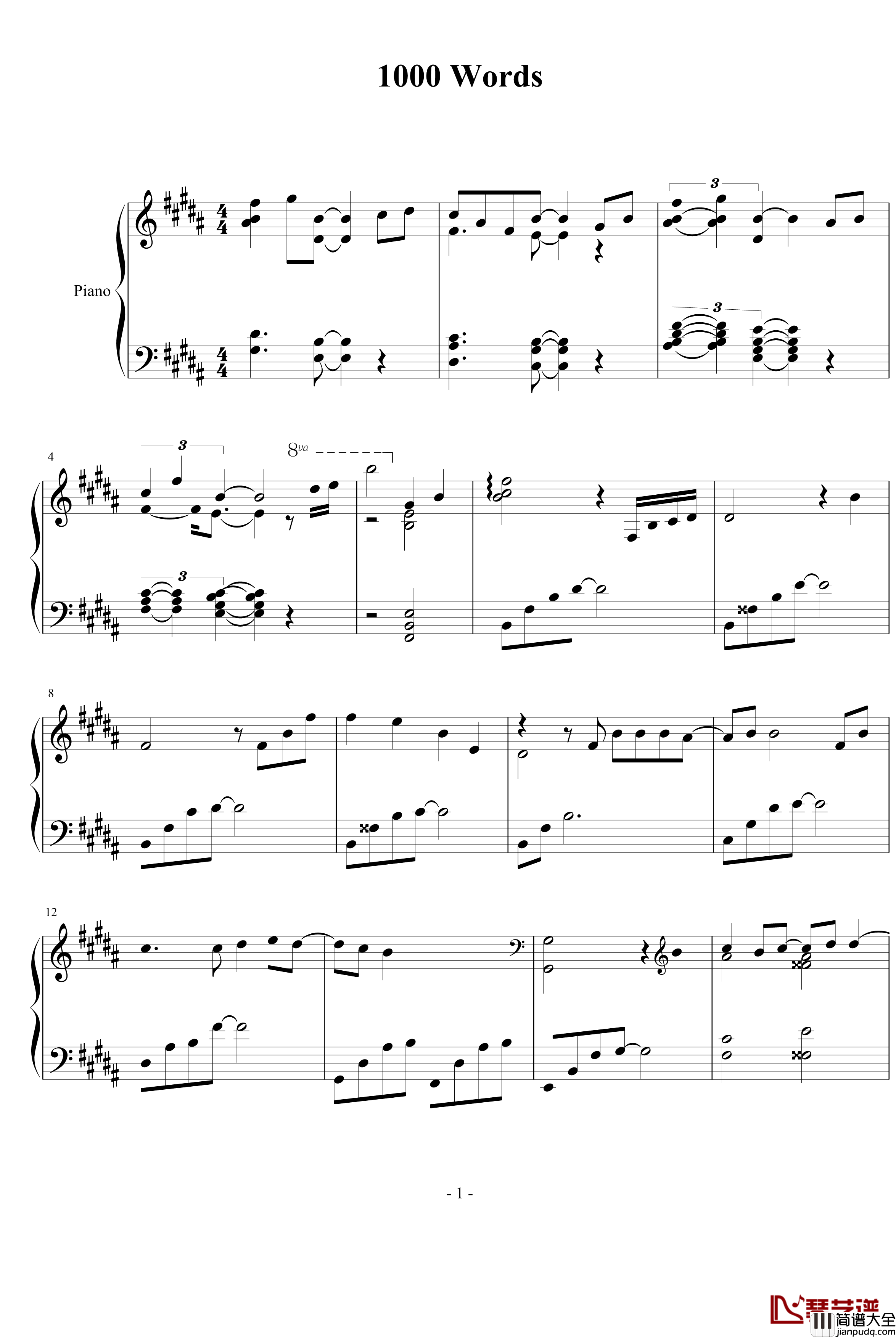 1000_Words钢琴谱_动漫影视