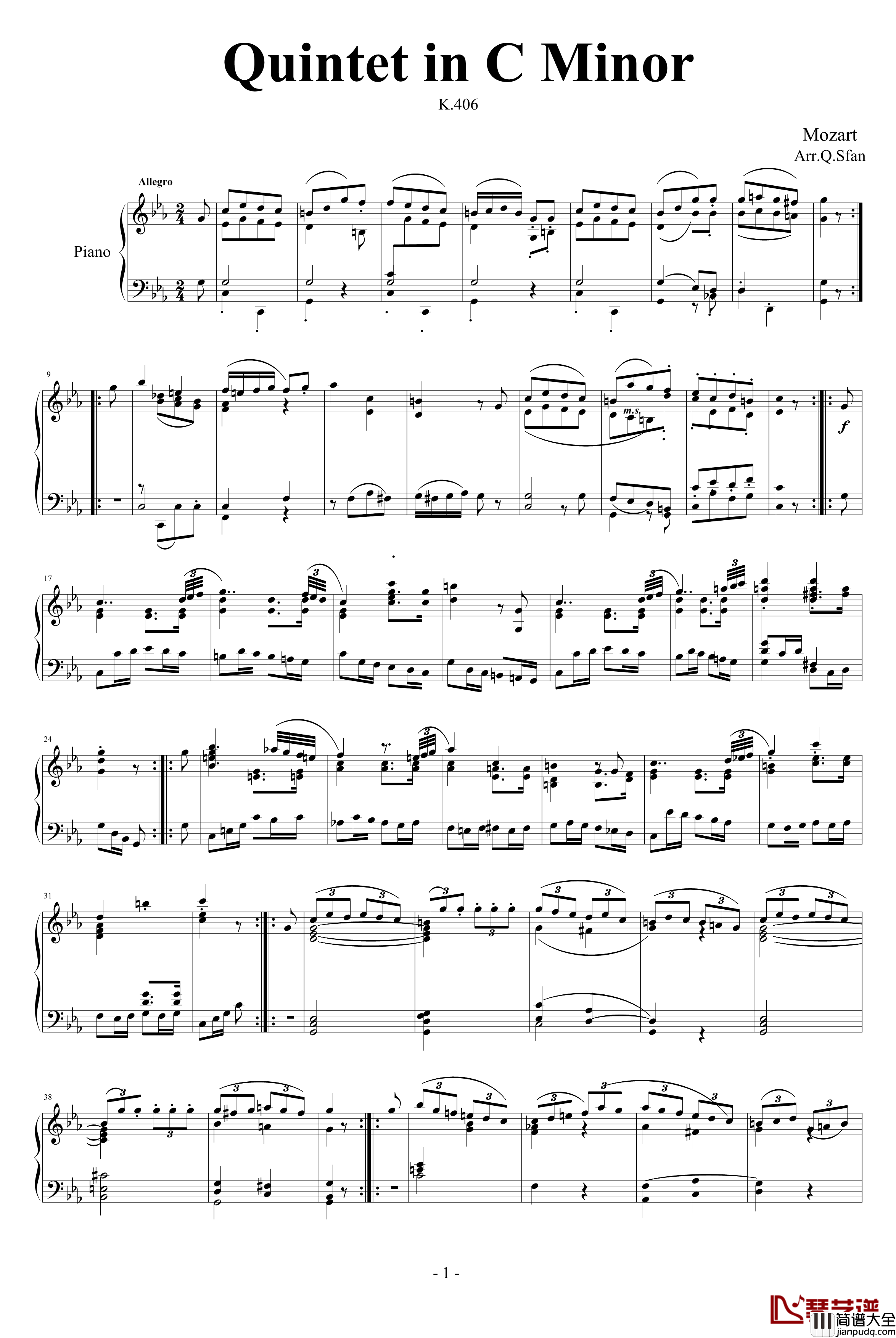 弦乐四重奏K406终乐章钢琴谱_莫扎特