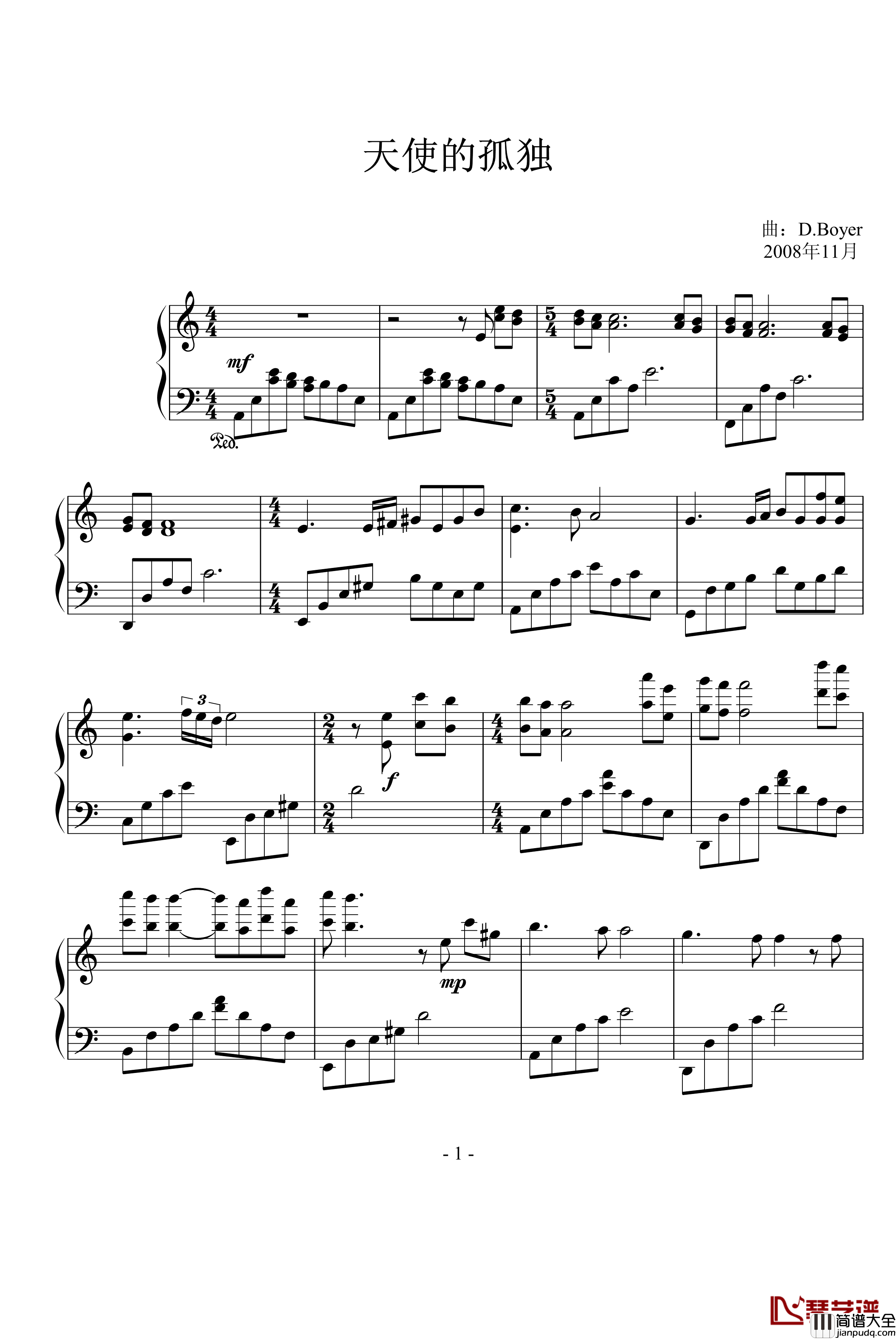 天使的孤独钢琴谱_DB