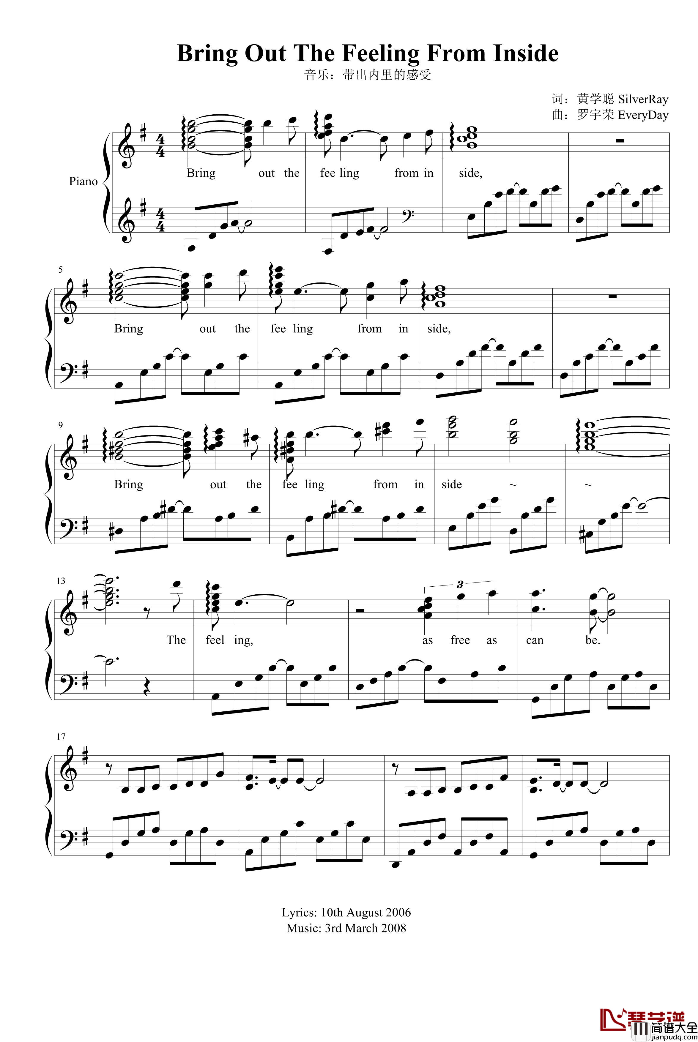 带给内里的感受钢琴谱_Bring_Out_The_Feeling_From_Inside_每一天