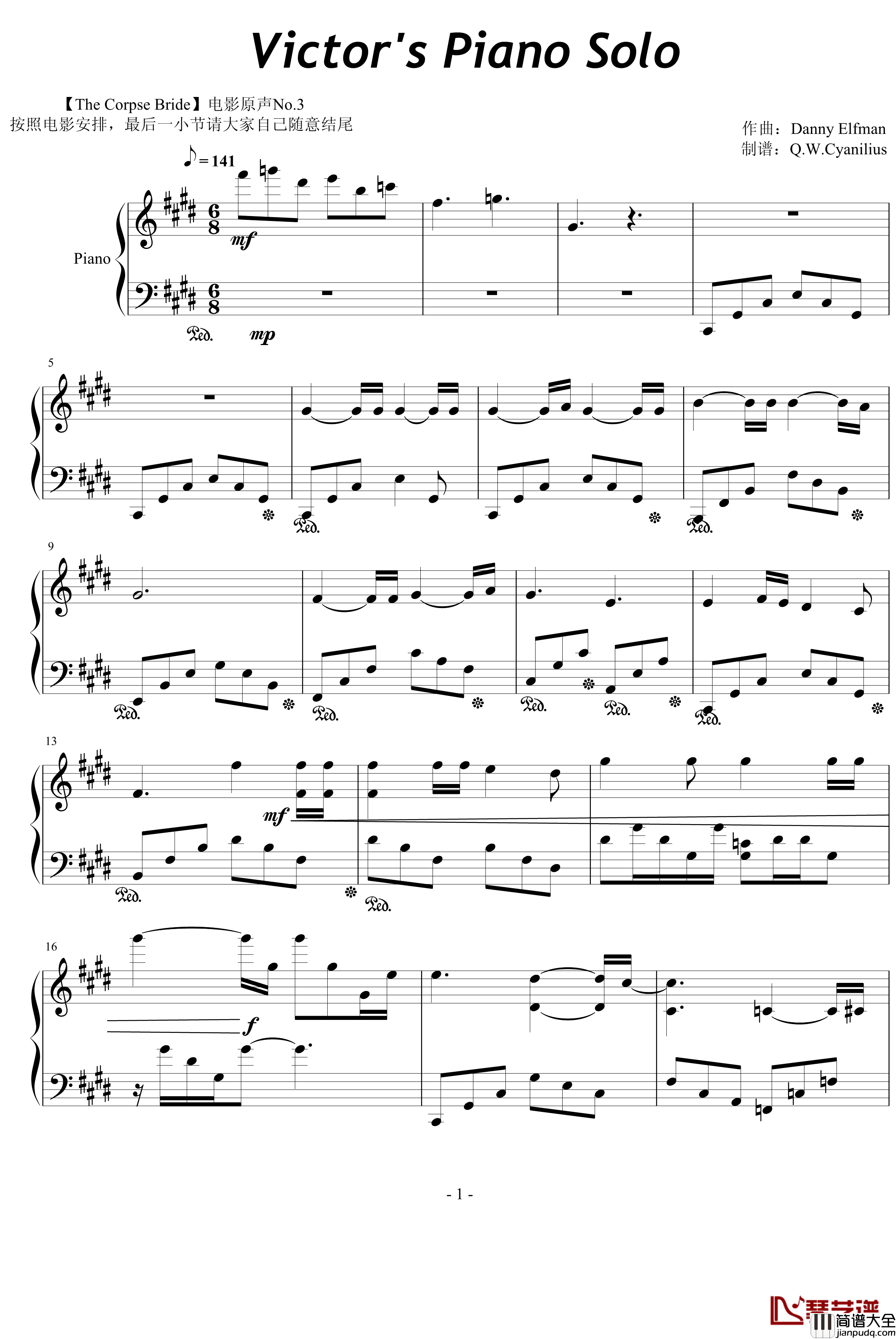 僵尸新娘中Victor的独奏钢琴谱_Danny_Elfman_钢琴