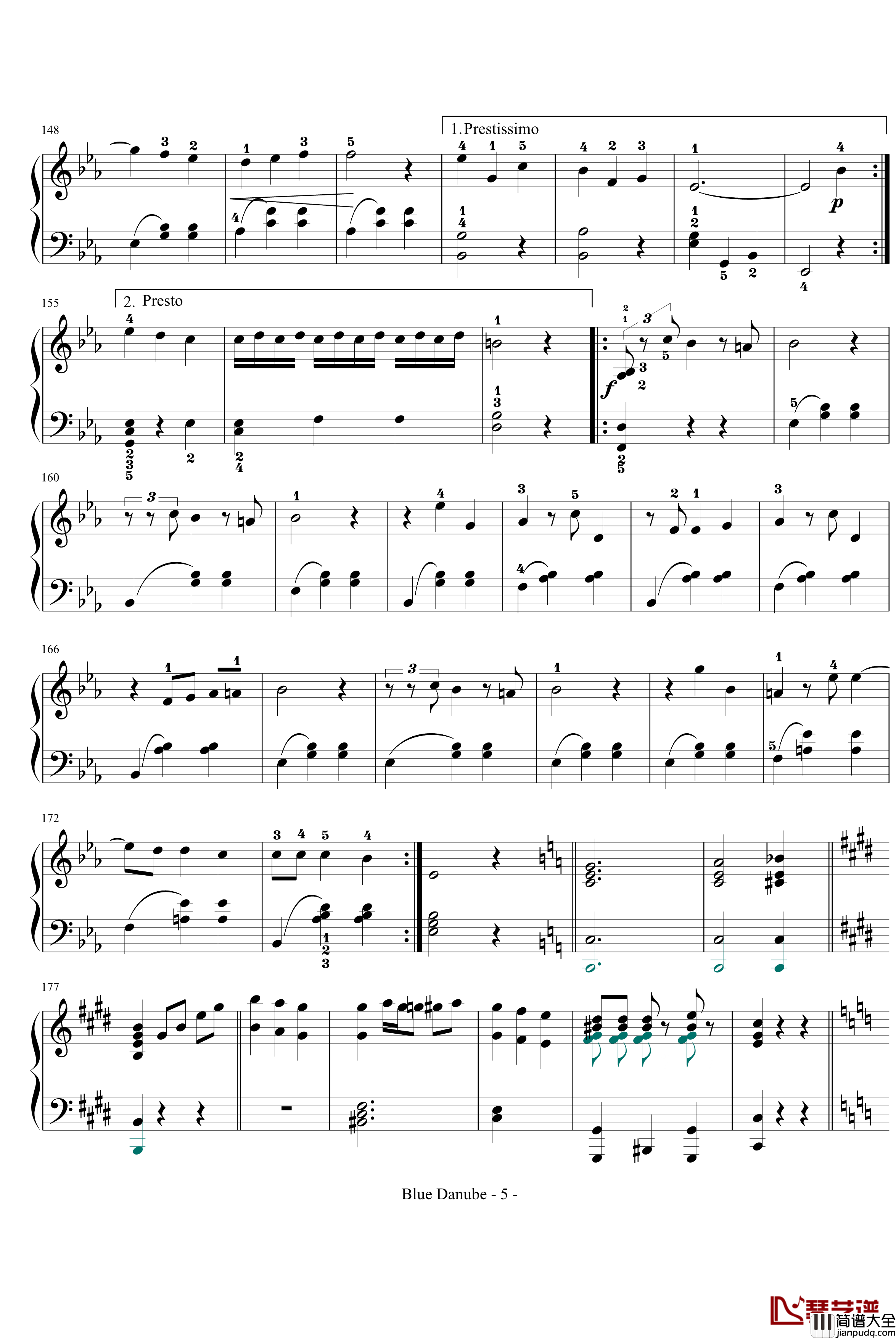 蓝色多瑙河钢琴谱_完整_带指法简化_约翰·斯特劳斯