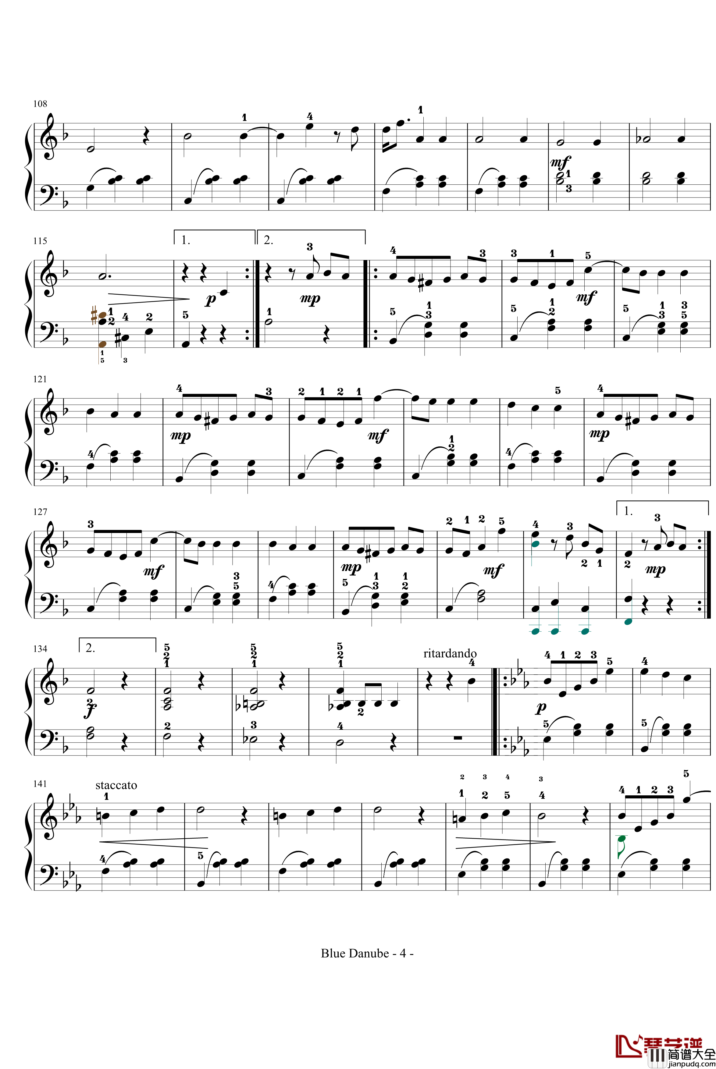 蓝色多瑙河钢琴谱_完整_带指法简化_约翰·斯特劳斯