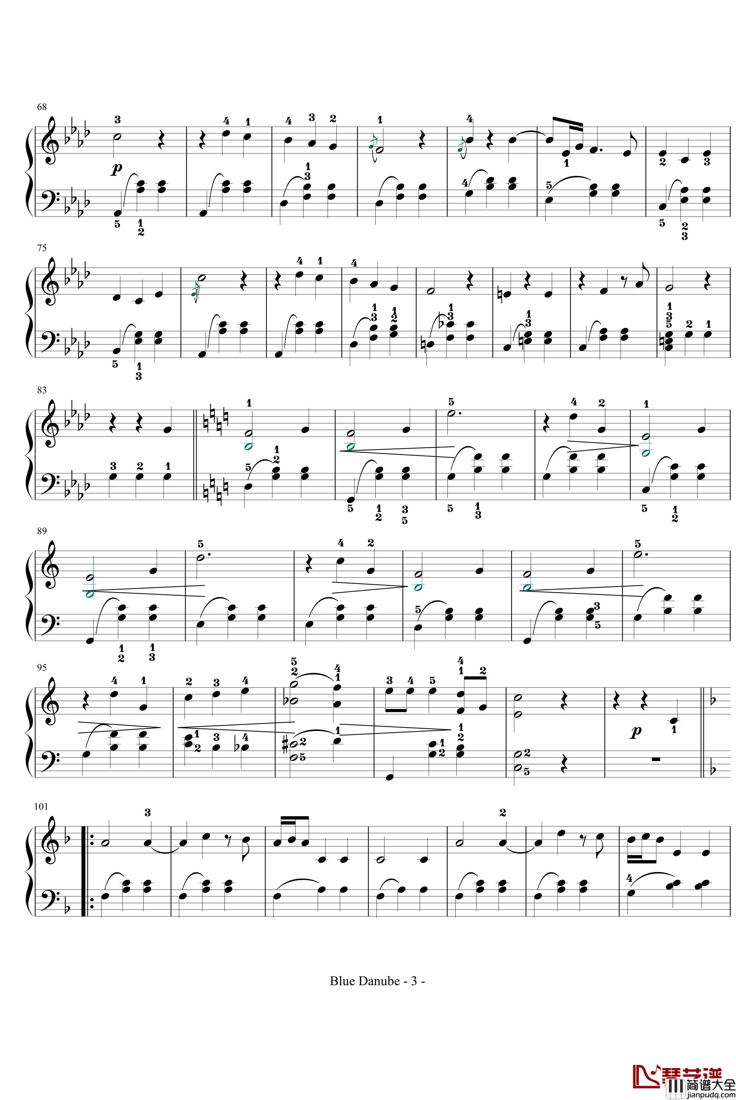 蓝色多瑙河钢琴谱_完整_带指法简化_约翰·斯特劳斯