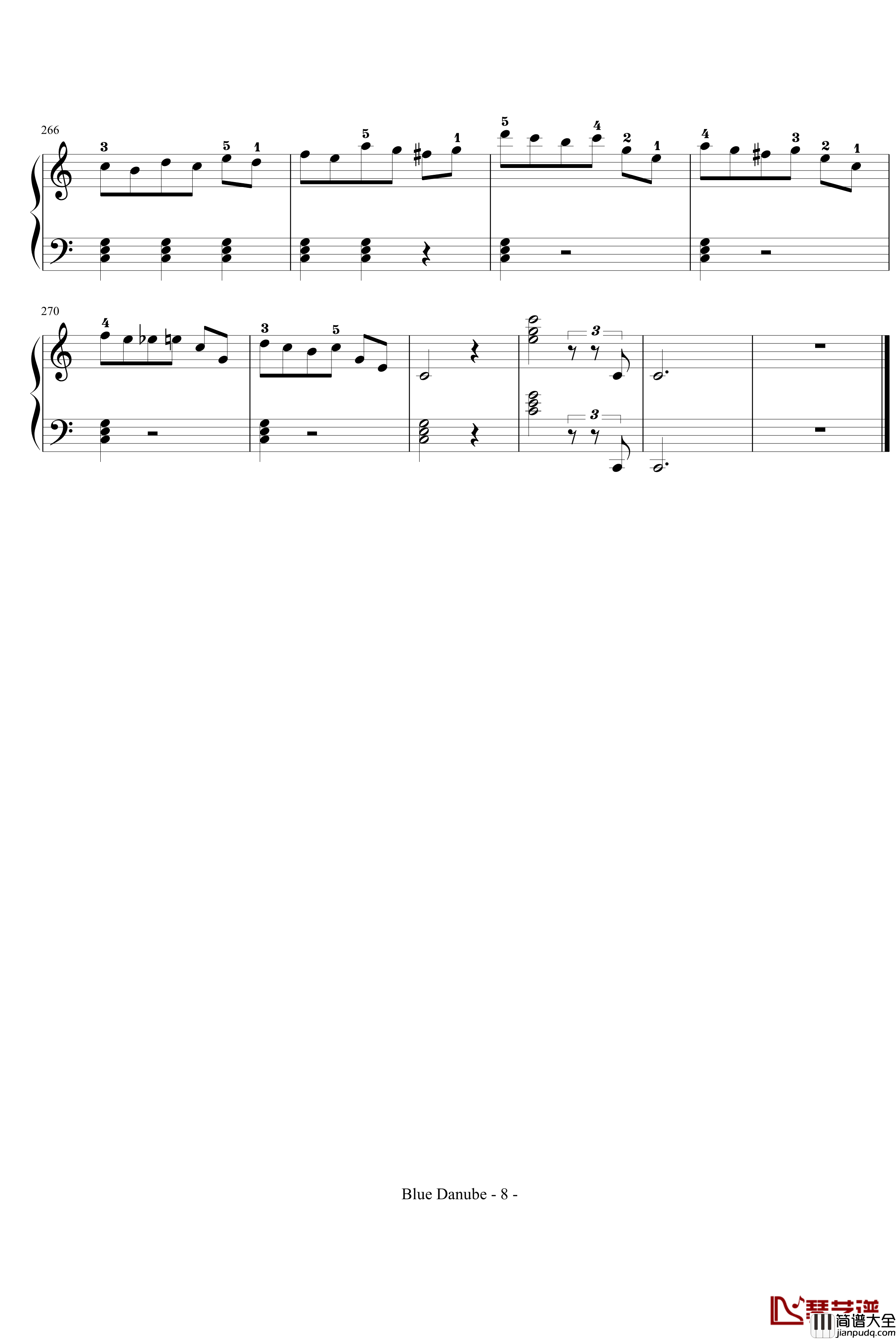 蓝色多瑙河钢琴谱_完整_带指法简化_约翰·斯特劳斯