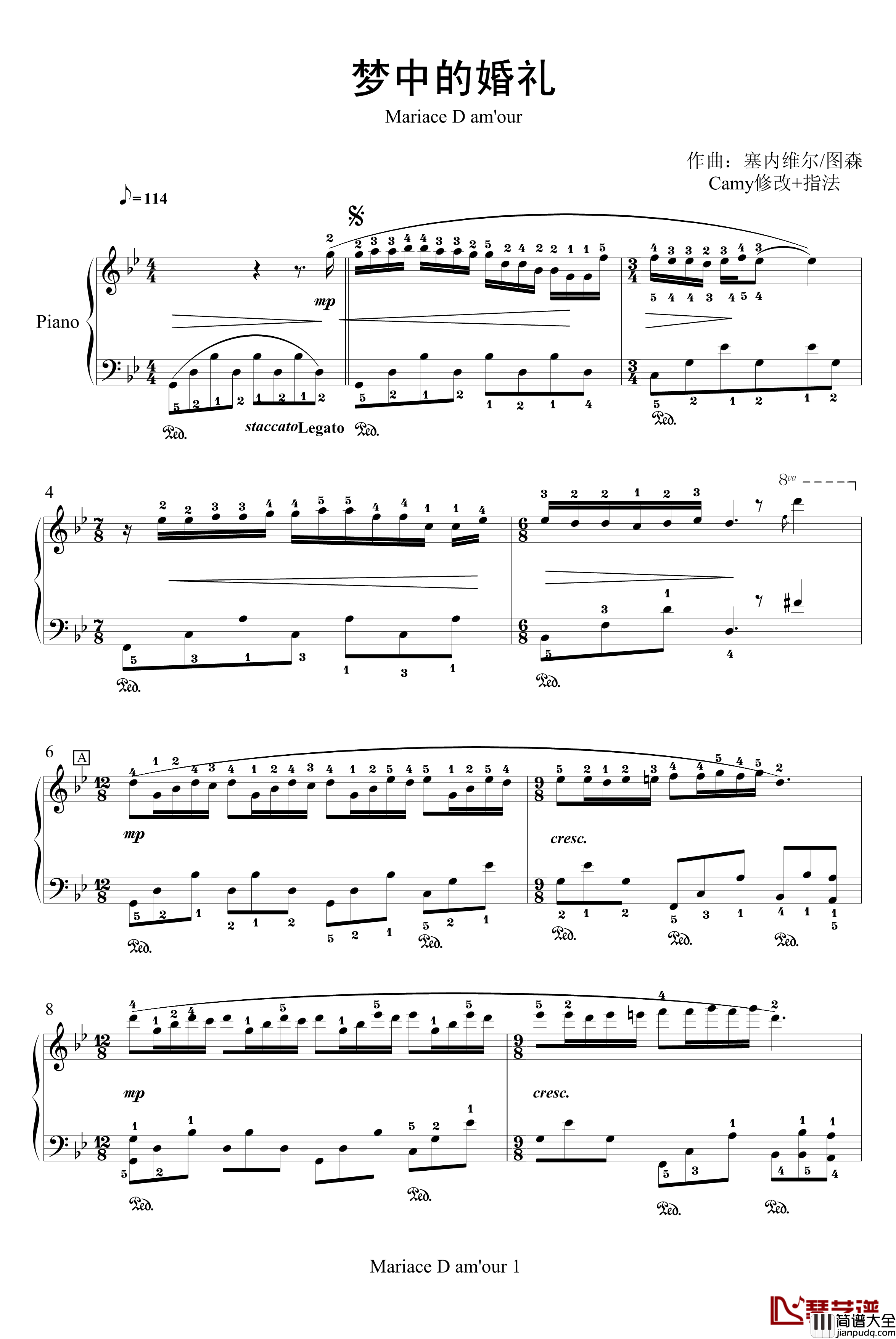 梦中的婚礼钢琴谱_带指法_塞内维尔