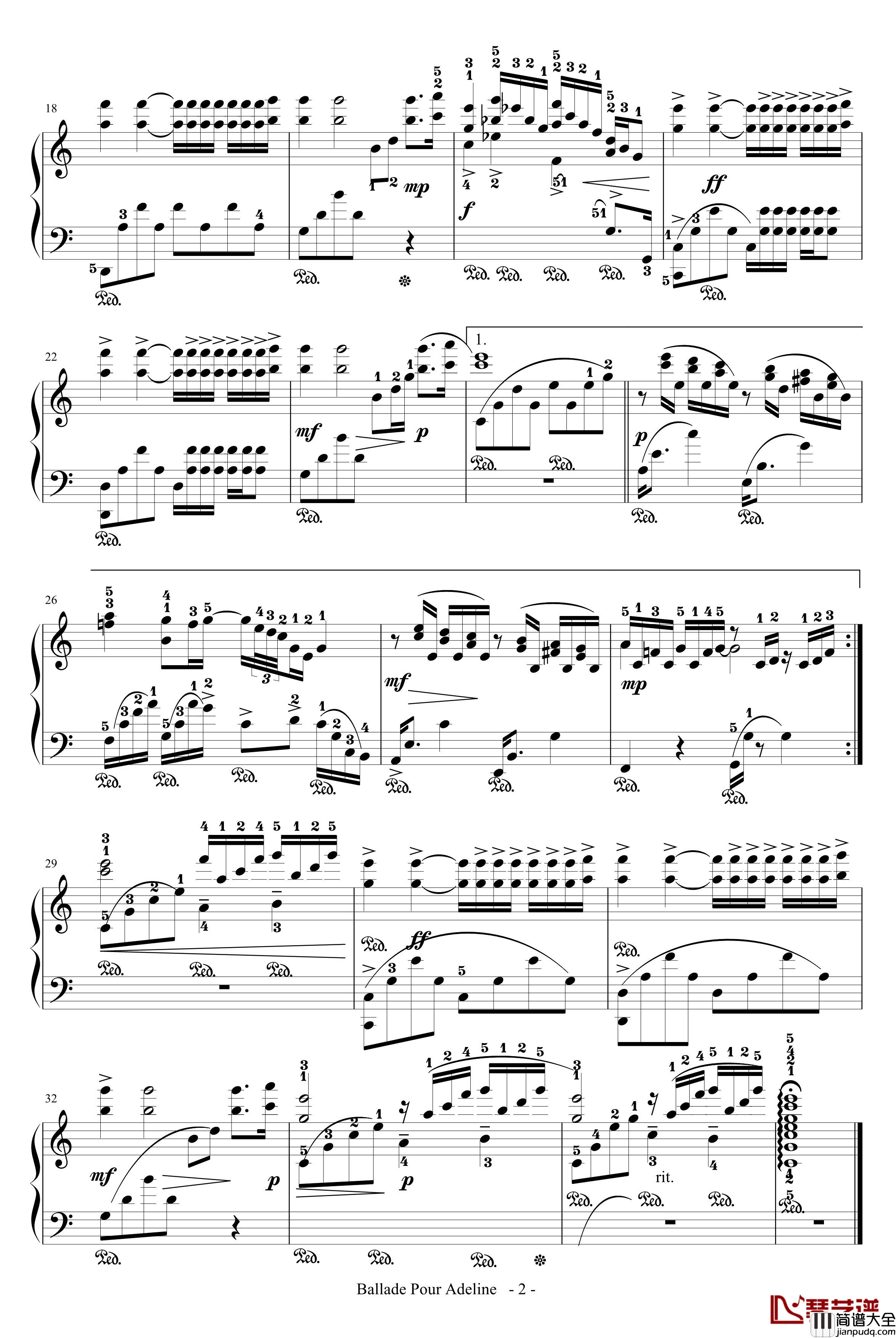 水边的阿蒂丽娜钢琴谱_带指法_适度简化_塞内维尔