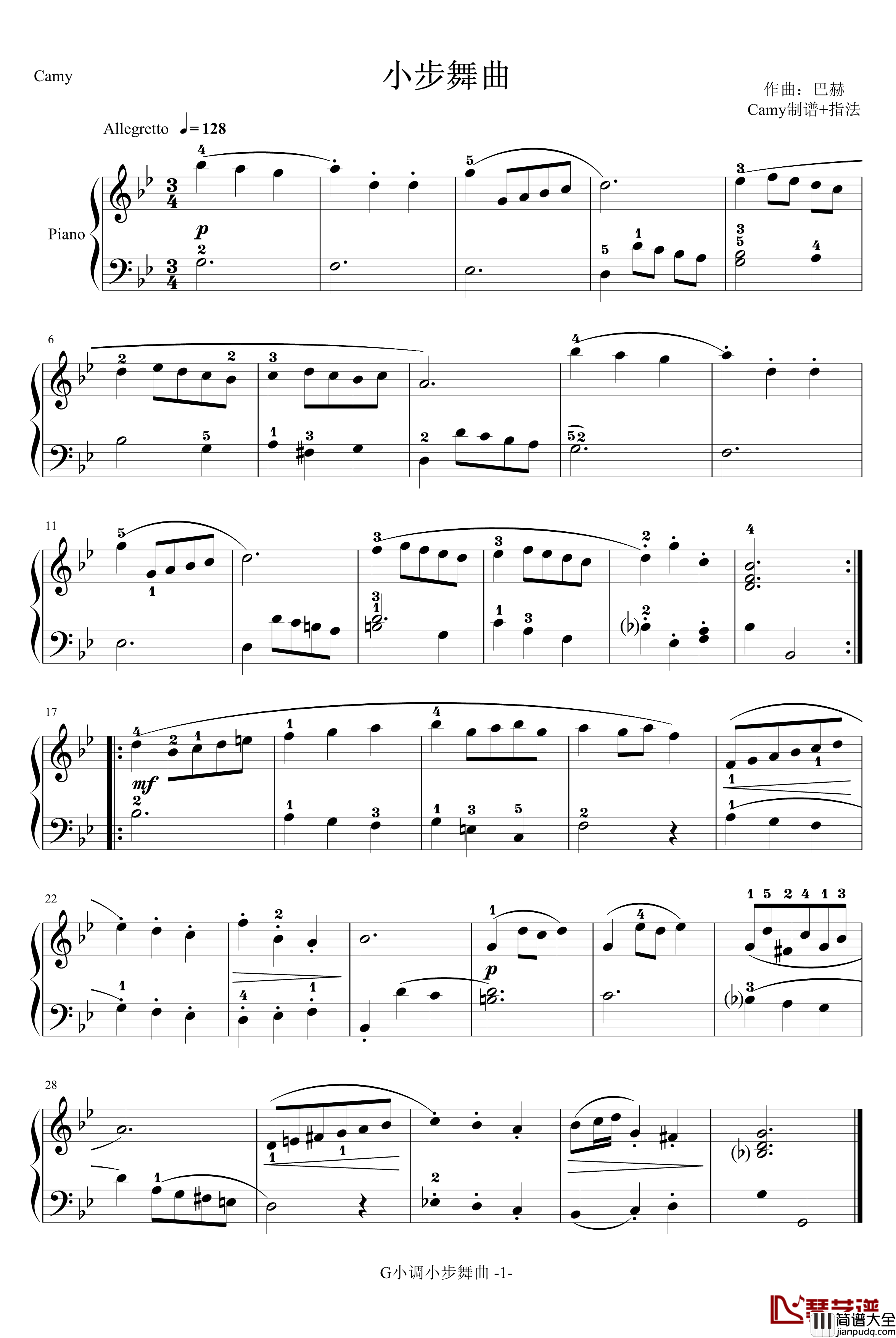 小步舞曲钢琴谱_G小调_巴赫_带指法