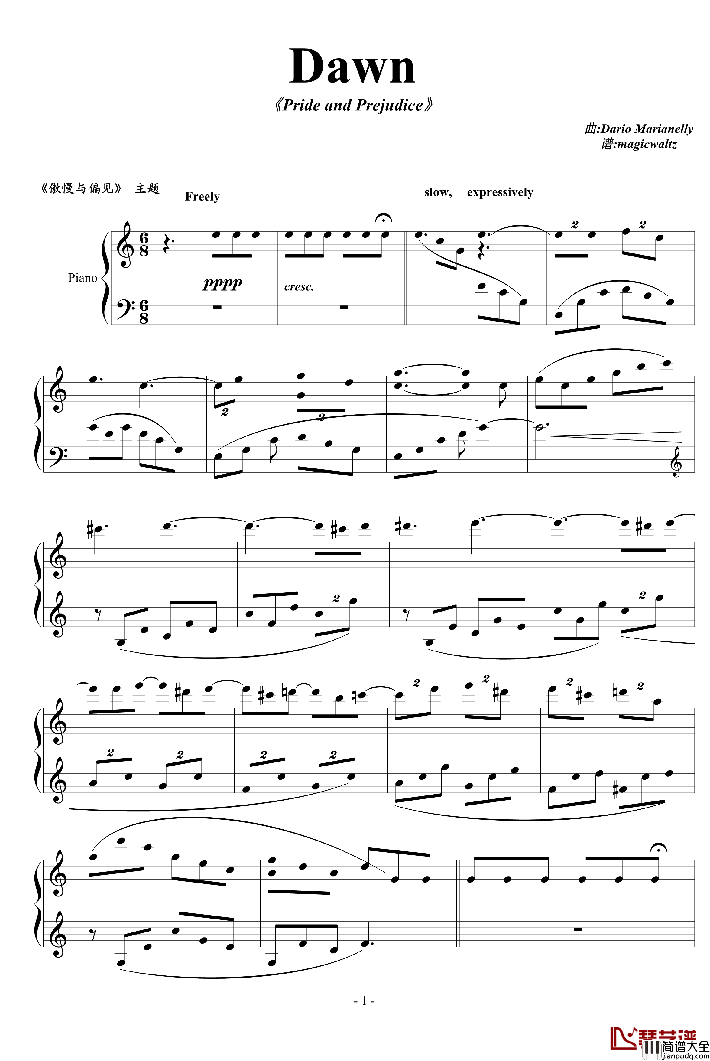 Dawn钢琴谱_傲慢与偏见配乐_影视
