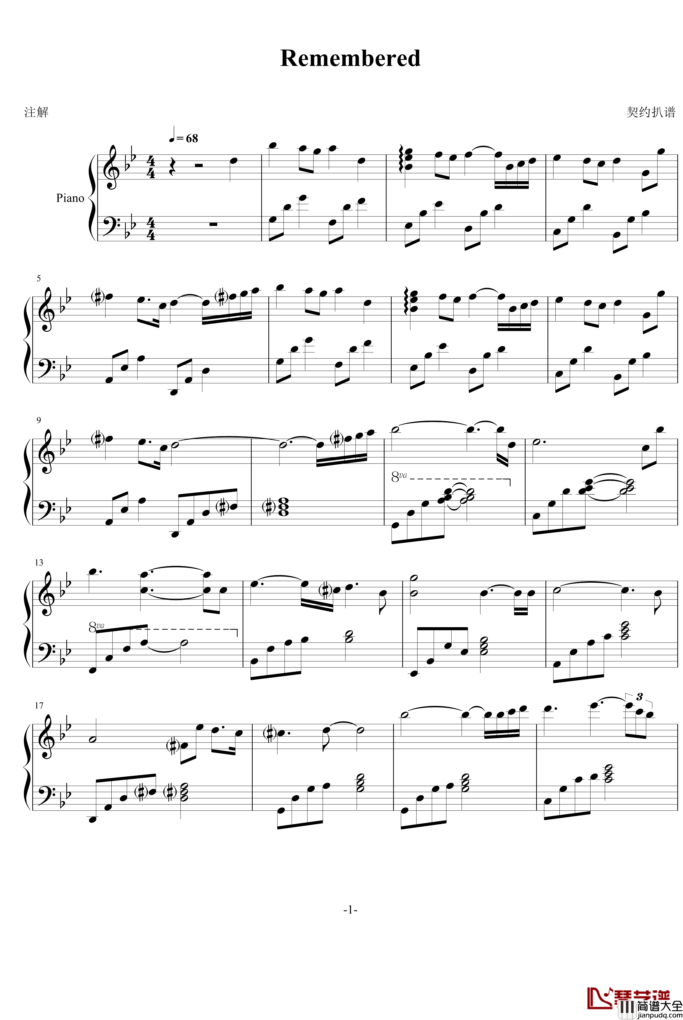 Remembered钢琴谱_动漫影视